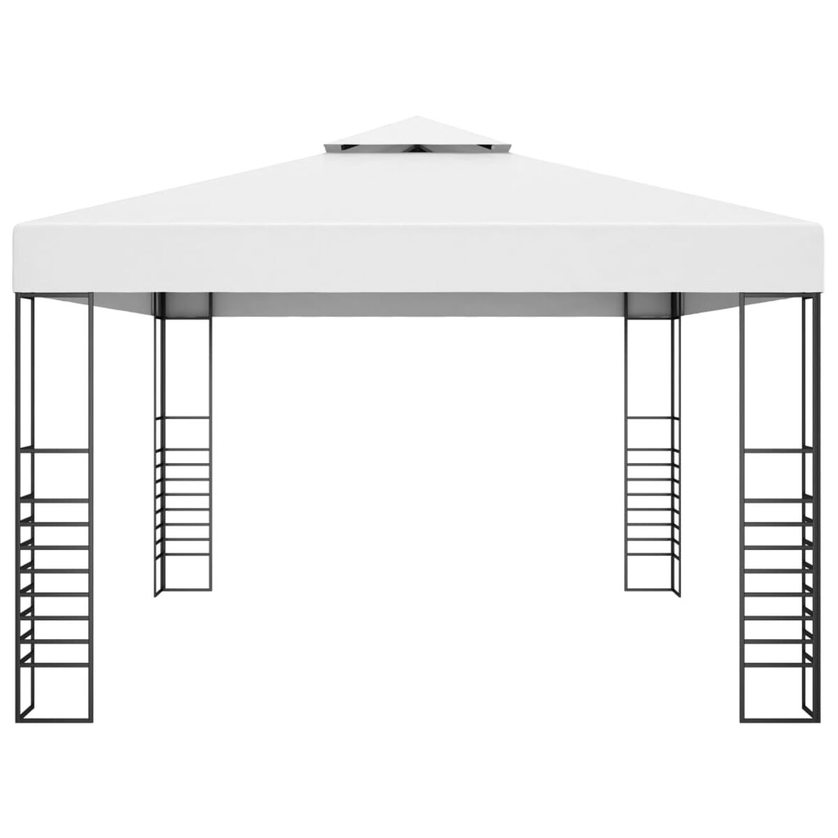 Weißer Pavillon mit Spitzdach, getragen von schwarzen quadratischen Pfosten und Metallrahmen.