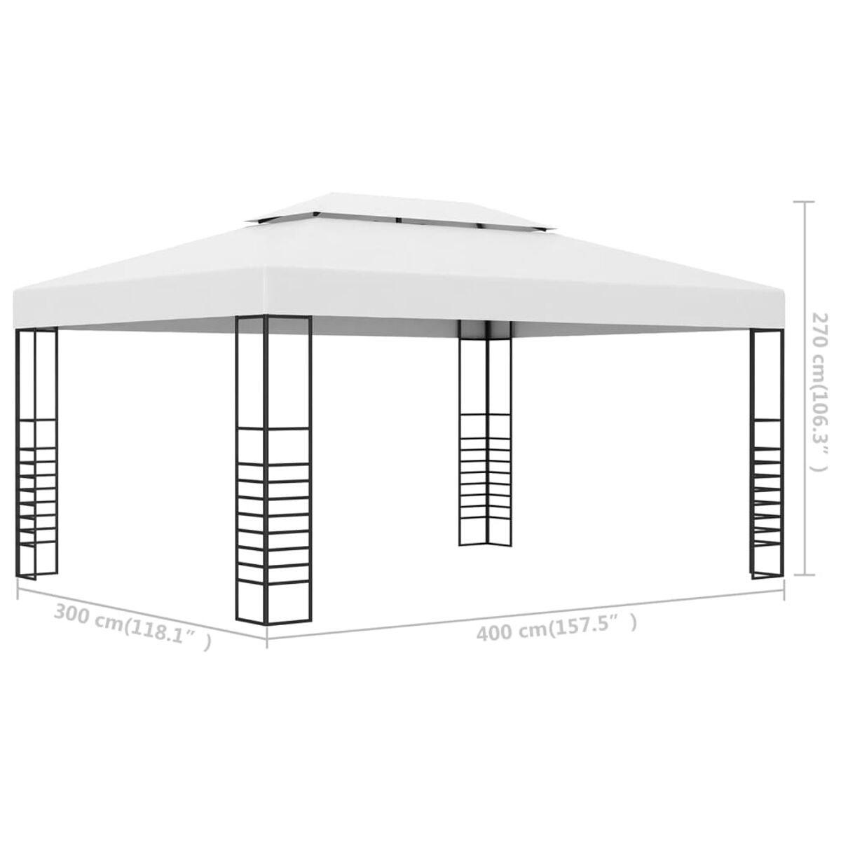 Weißer Pavillon mit schwarzem Rahmen, Maße 300x400x270cm, auf weißem Hintergrund.