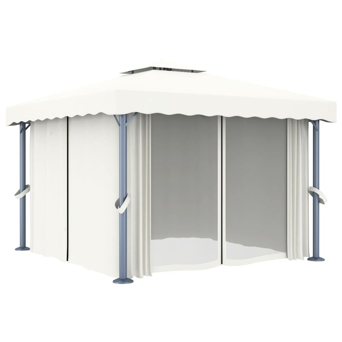 Ein weißer Pavillon mit Vorhängen und quadratischer Form. Es hat ein hellblaues Gestell.