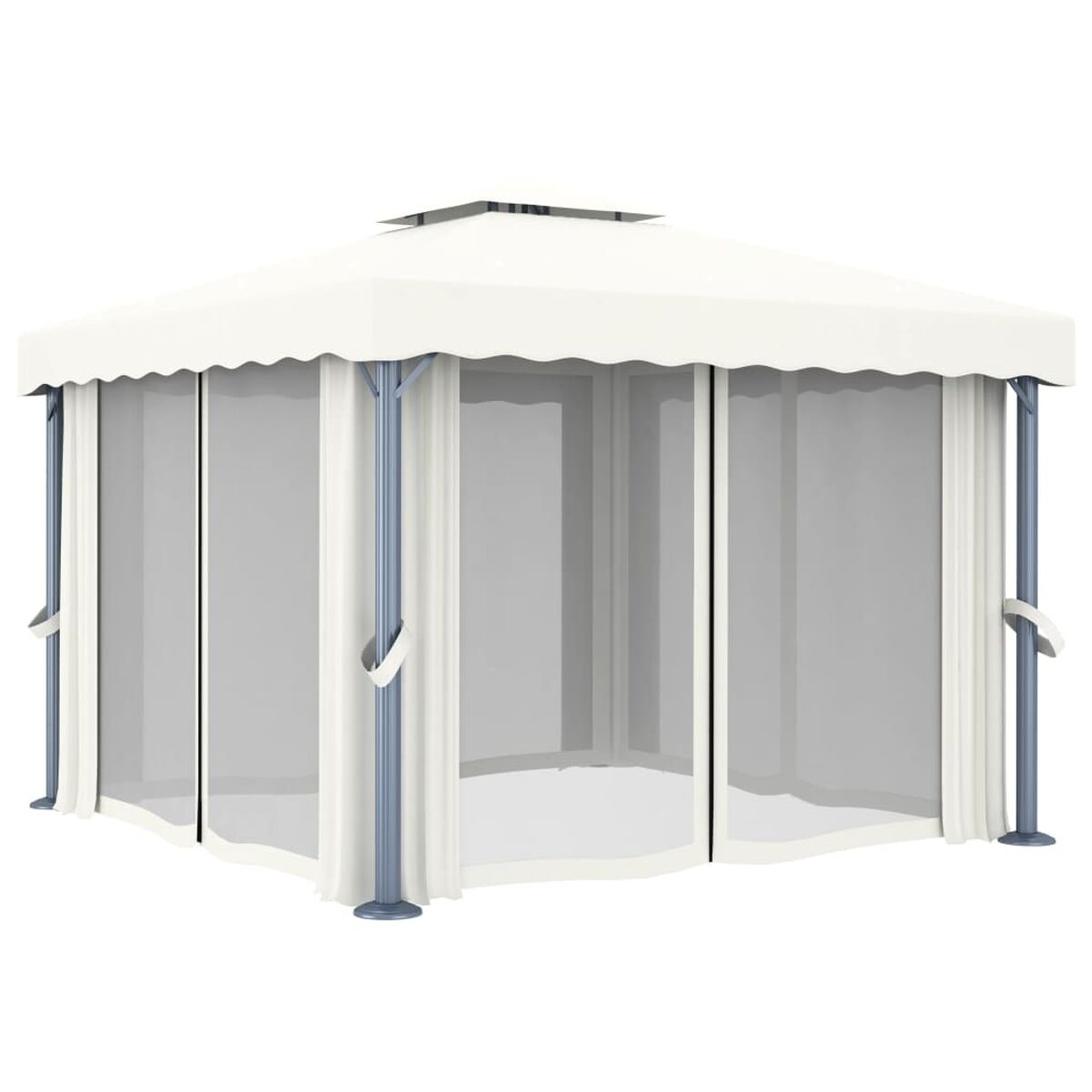Ein weißer Pavillon mit Vorhängen und Gittern. Er hat eine quadratische Oberseite.