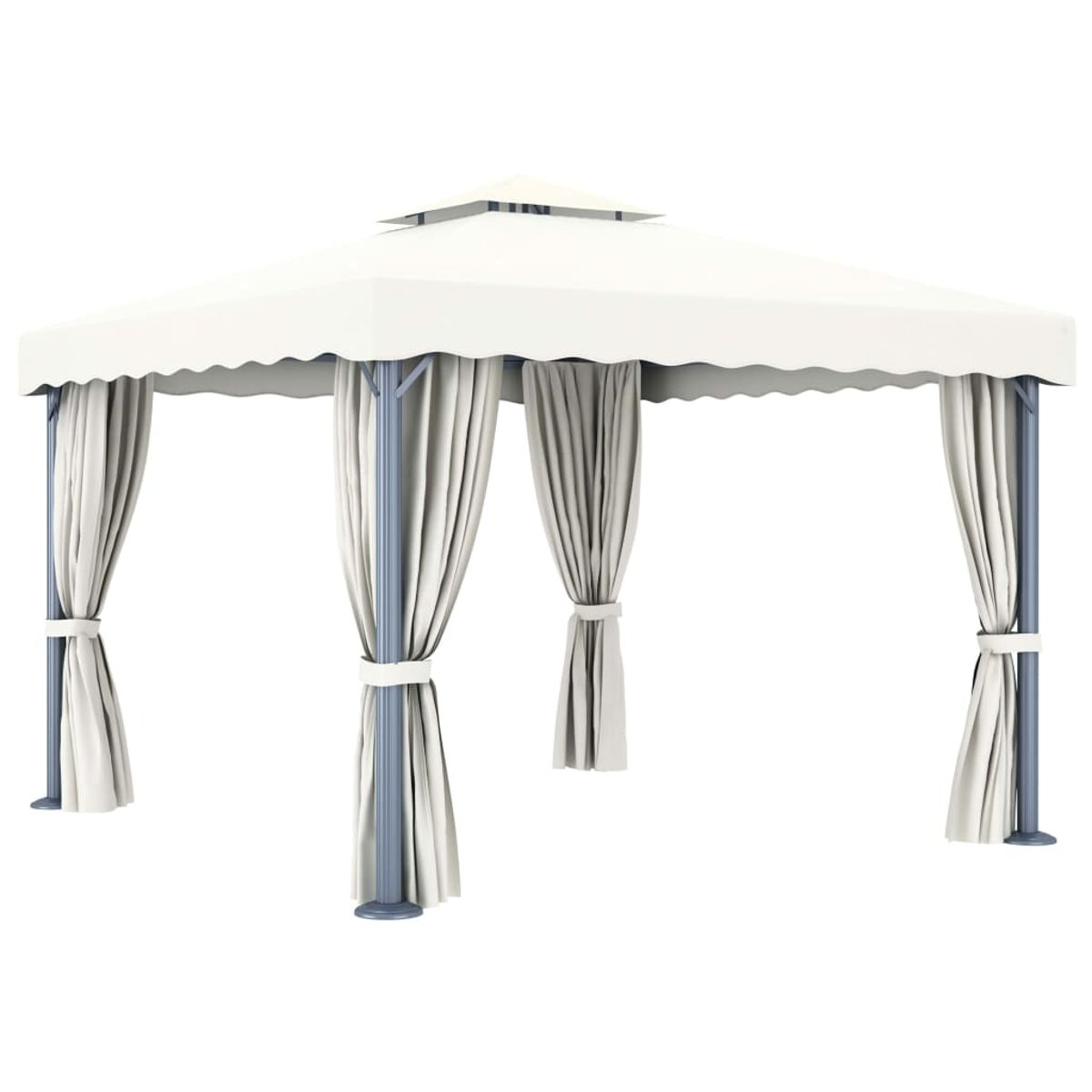 Weißer Pavillon mit Vorhängen und einem gewellten Rand. Graue Pfosten auf weißem Hintergrund.