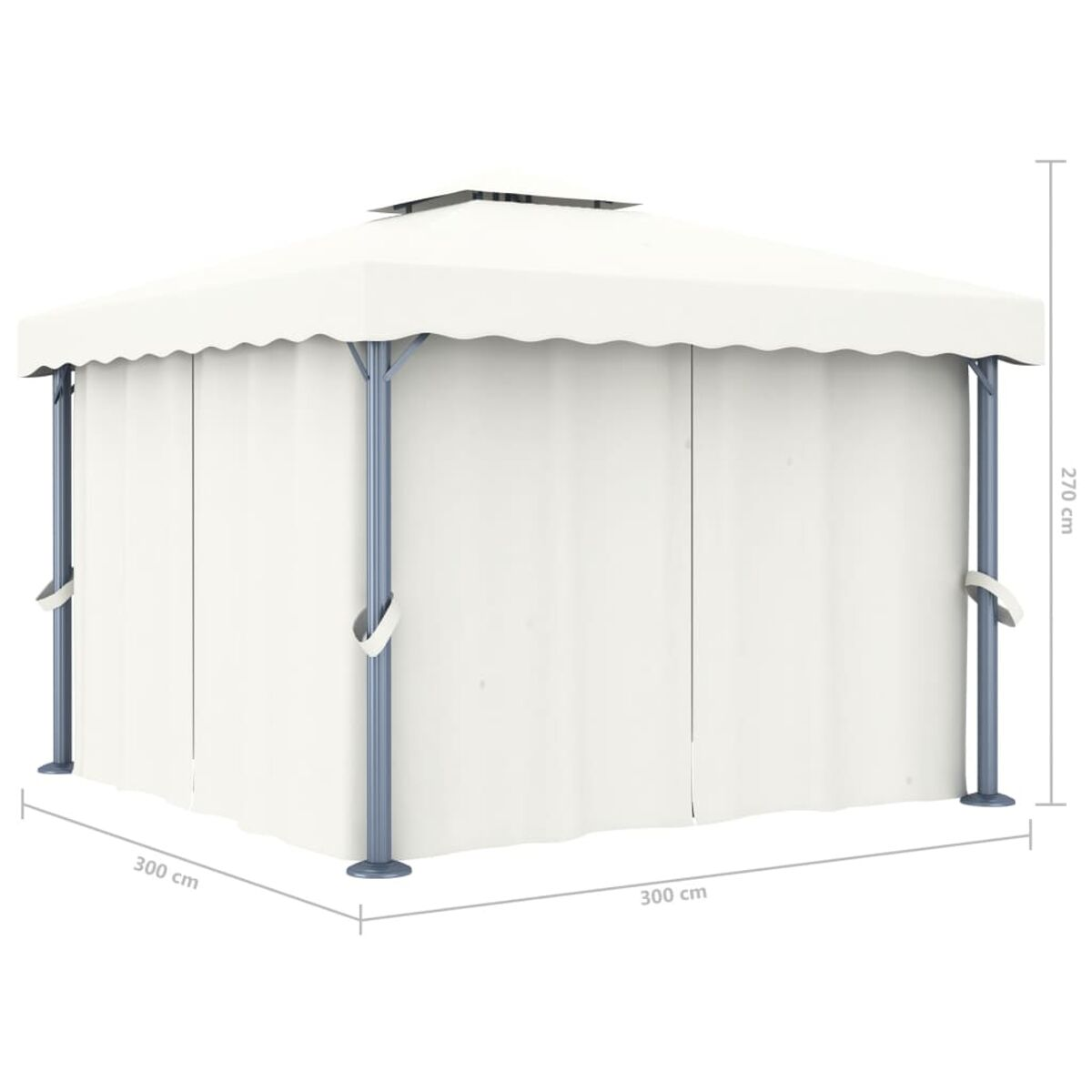 Weißer Pavillon mit Vorhängen und grauem Rahmen. Er hat Maße und ist vor weißem Hintergrund.