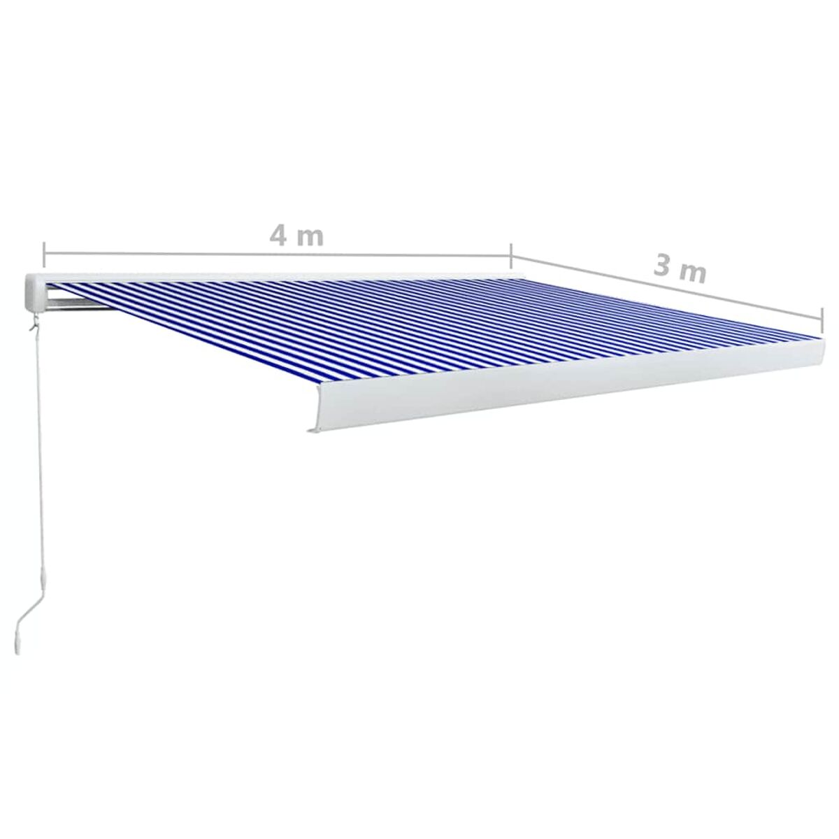 Markise mit blau-weißen Streifen, 4 m x 3 m. Weißer Rahmen und weißer Hintergrund.