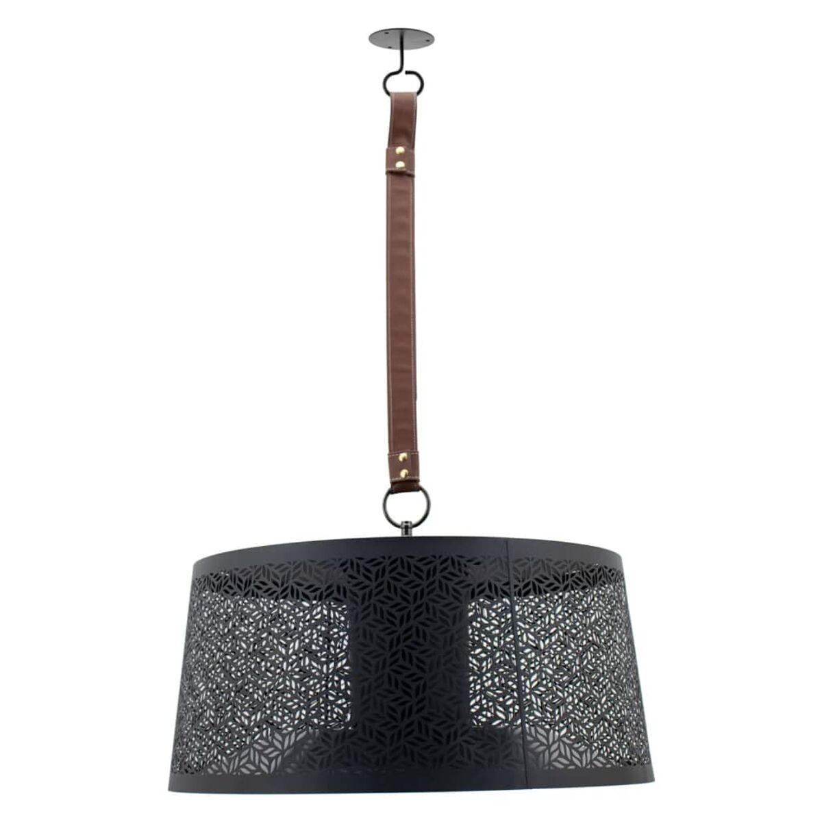 Zwarte hanglamp met een patroon kap, leren riem en een ronde metalen bevestiging.