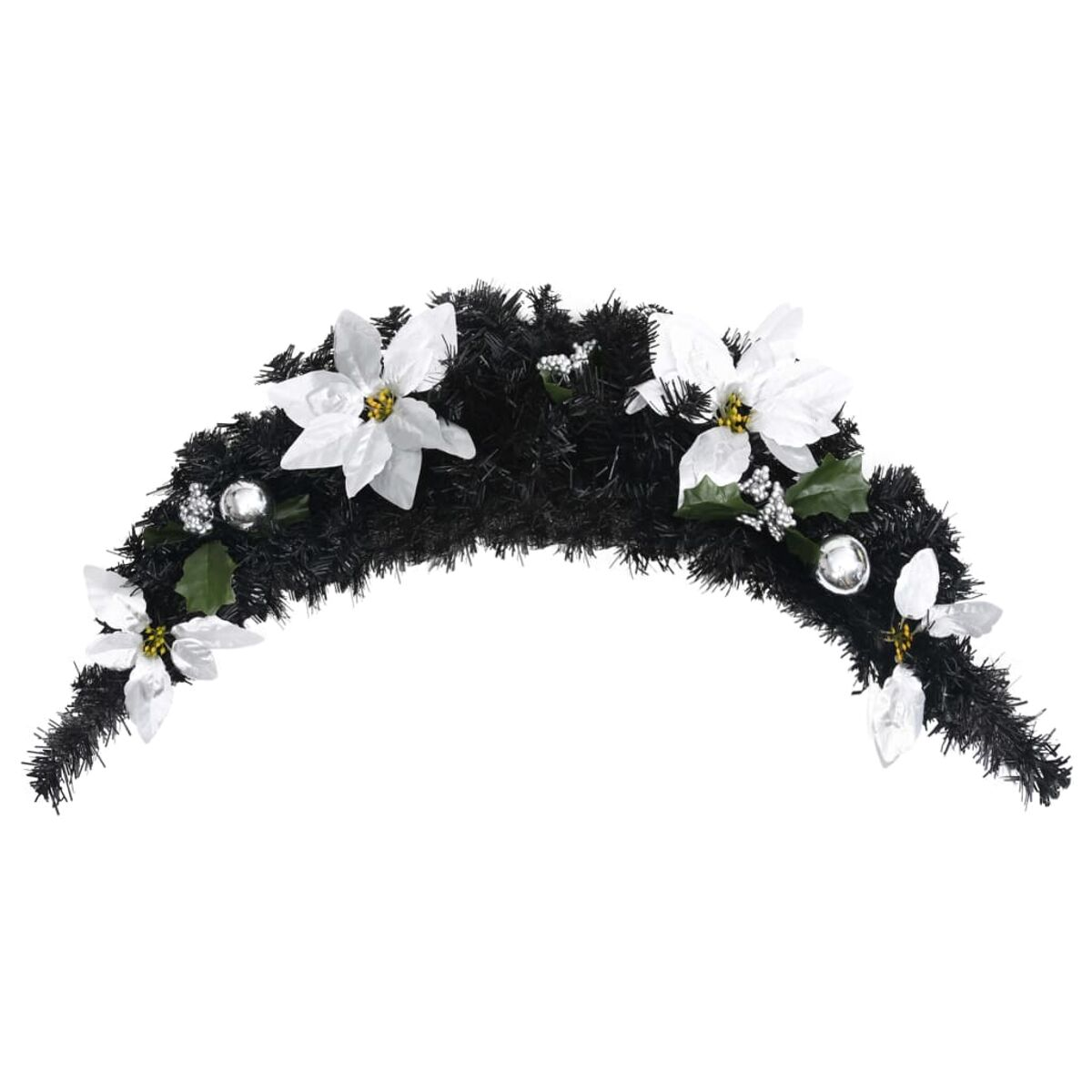Schwarze Girlande mit weißen Blüten, silbernen Kugeln und grünen Blättern auf weißem Hintergrund.
