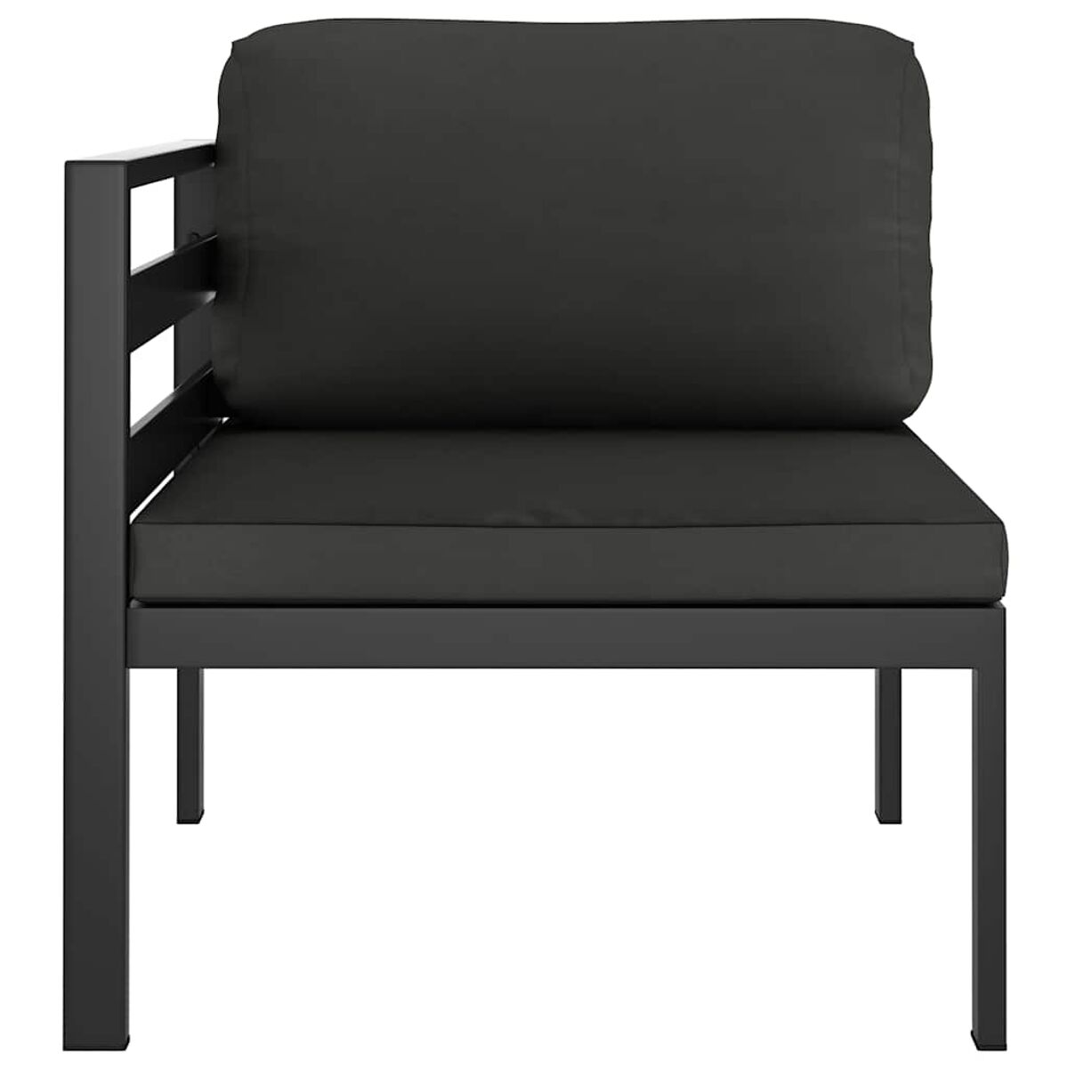 Schwarzes Ecksofa für den Außenbereich mit einem Kissen, auf weißem Hintergrund.
