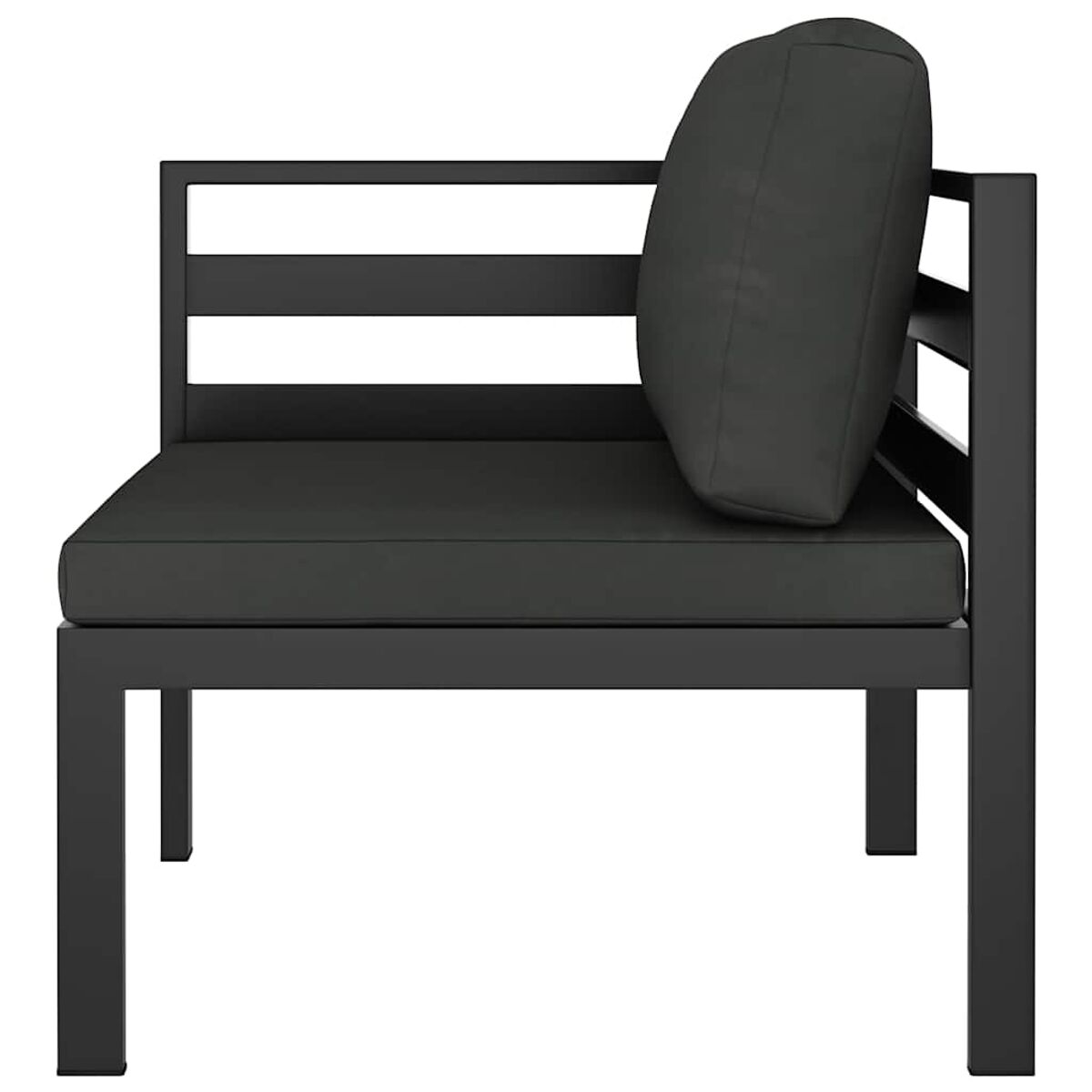 Schwarz metallrahmen Stuhl mit schwarzem Kissen und Rückenlehne. Seitenansicht.