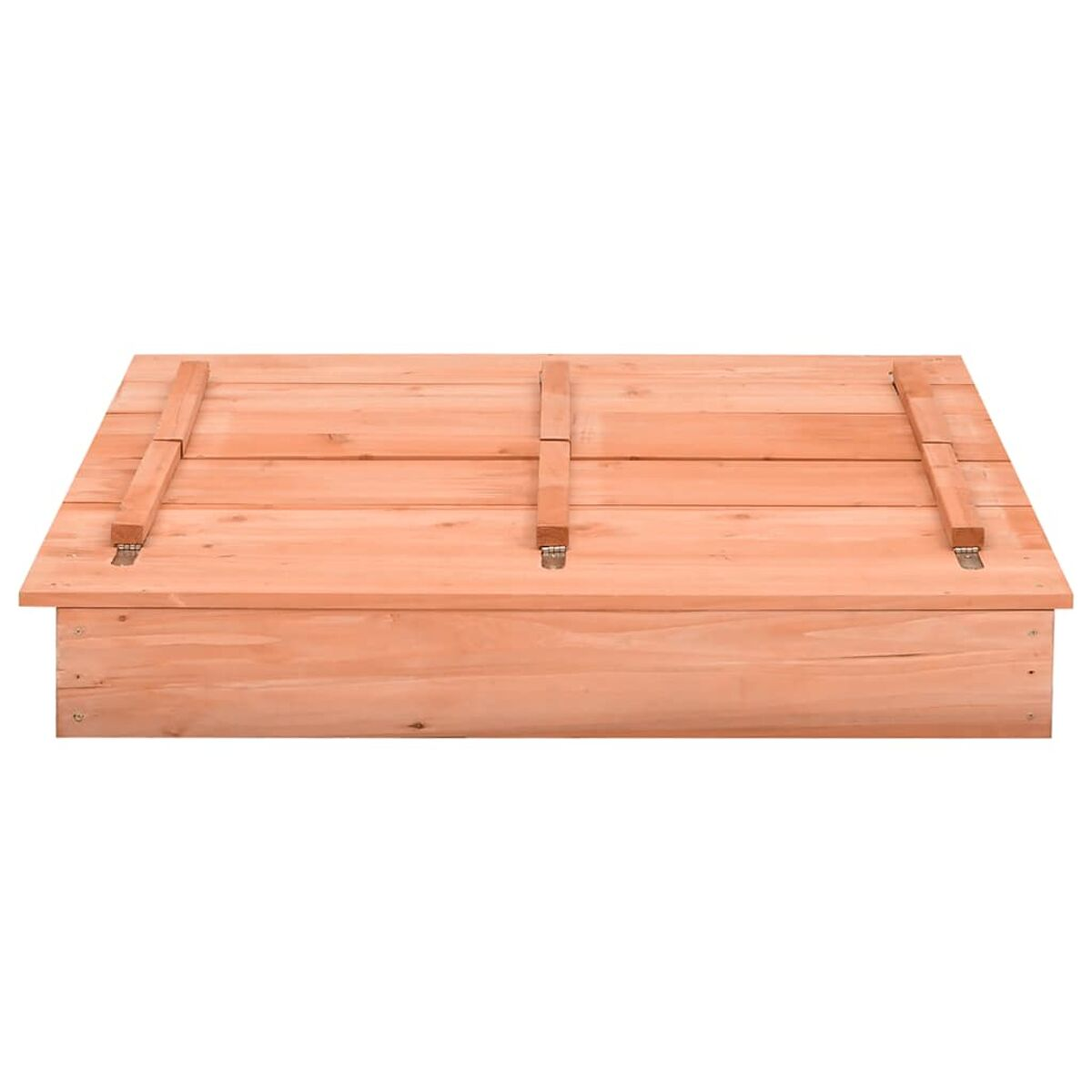 Sandkasten aus Holz mit Scharnierdeckel. Der Deckel ist geschlossen, die Oberseite ist sichtbar.