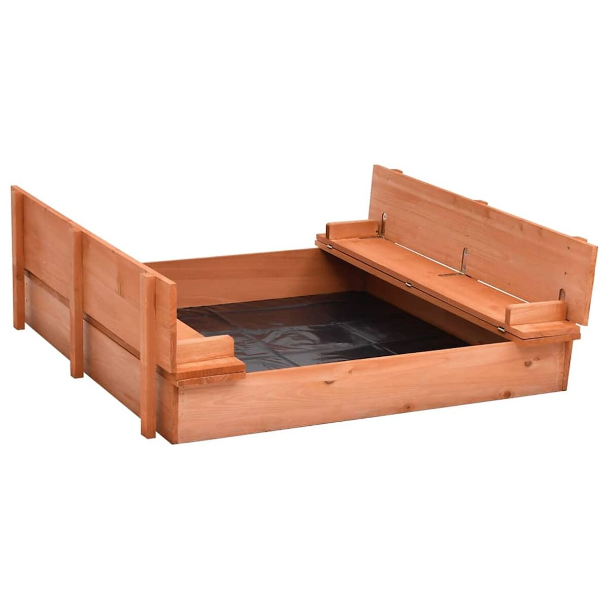 Holzsandkasten mit Klappdeckel. Es hat eine schwarze Auskleidung im Inneren. Der Deckel ist teilweise geöffnet.