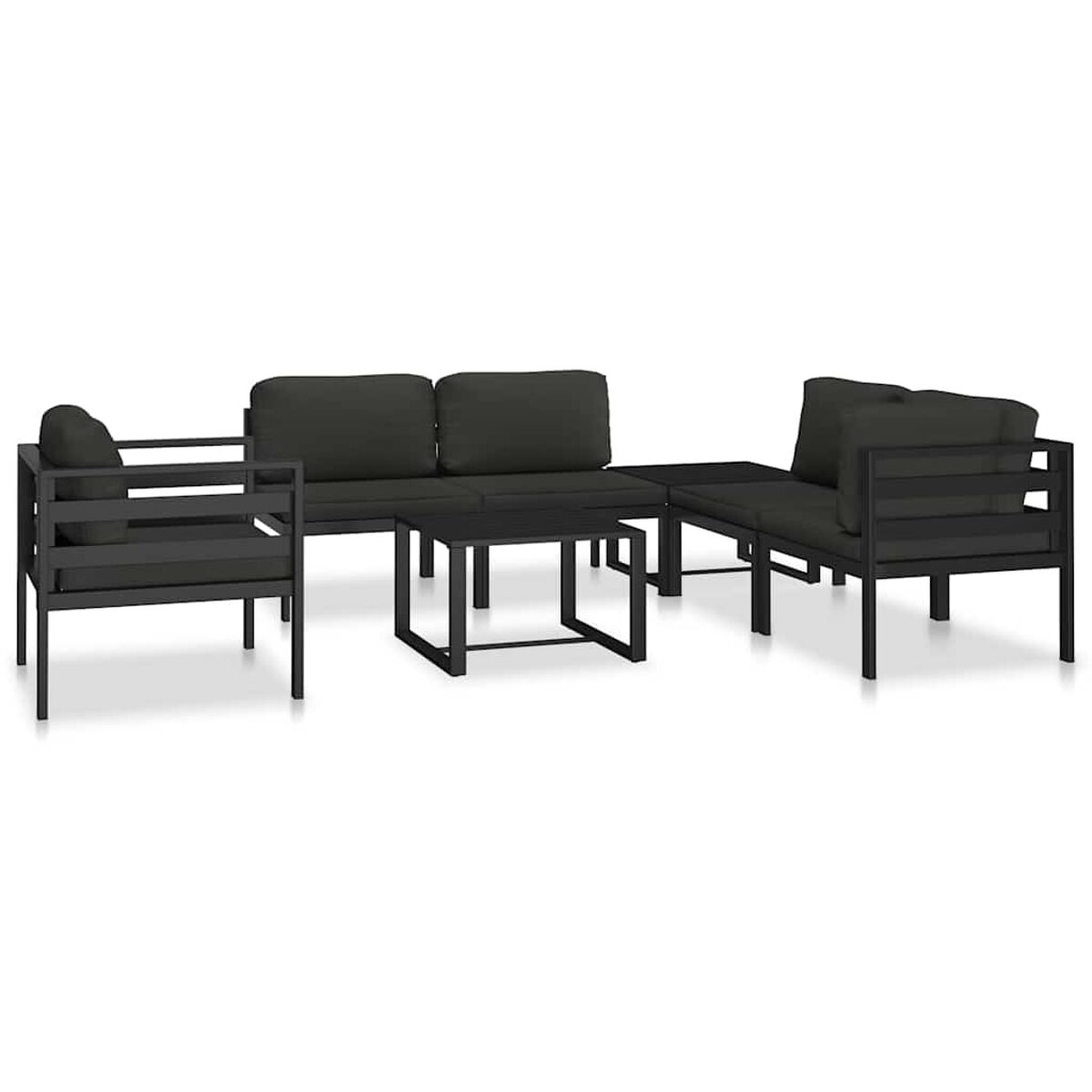 Ein schwarzes Gartenmöbelset auf weißem Hintergrund.
