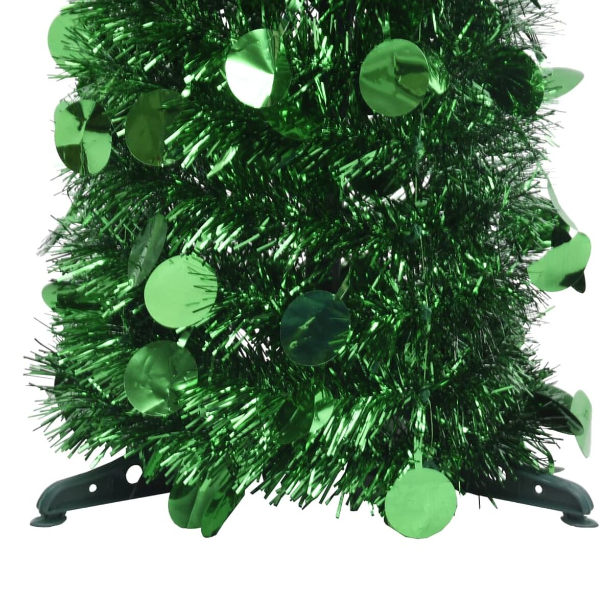 Grüner Lametta-Weihnachtsbaum mit grünen Scheibenornamenten.