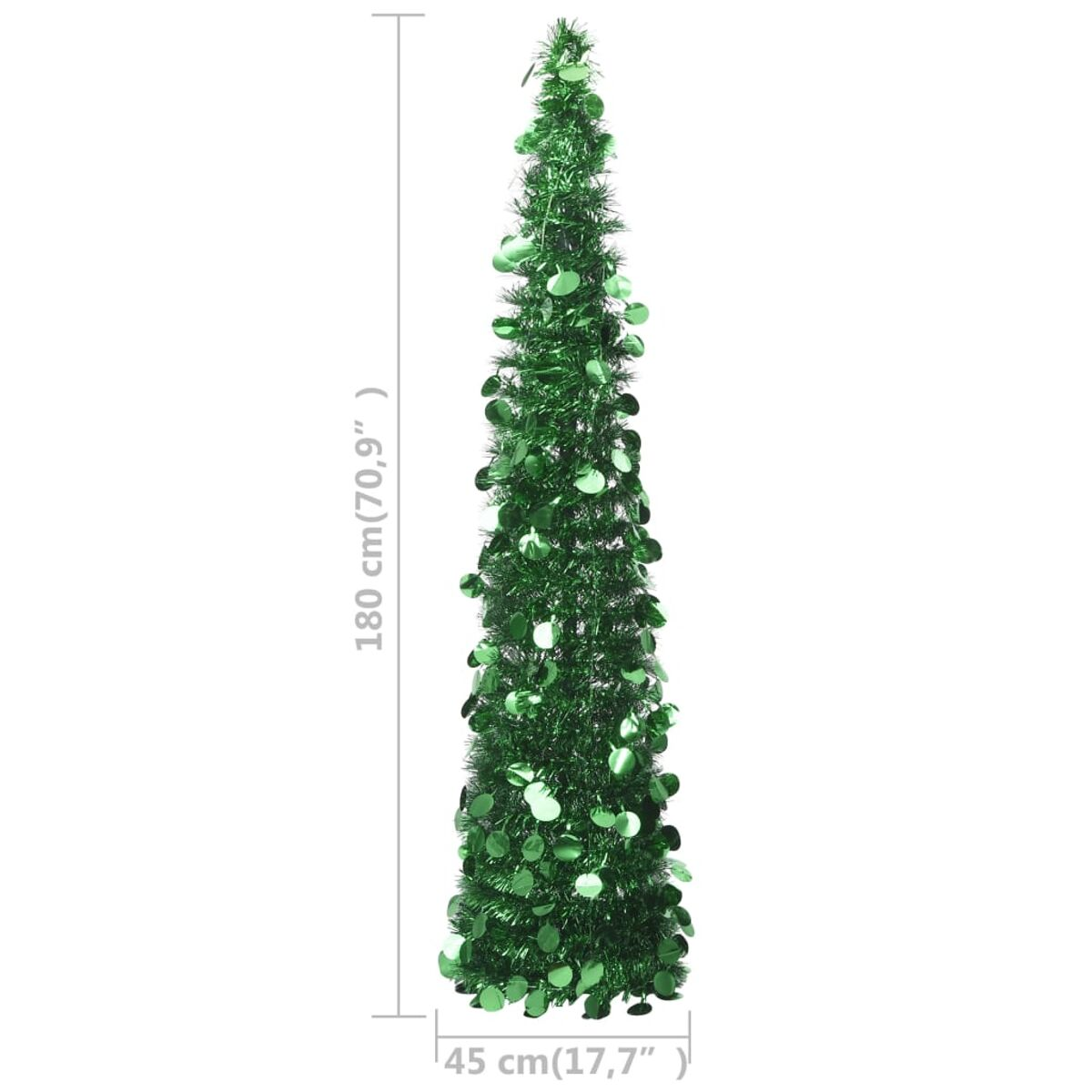 Grüner Weihnachtsbaum mit runden Ornamenten und Maßstab in cm und Zoll.