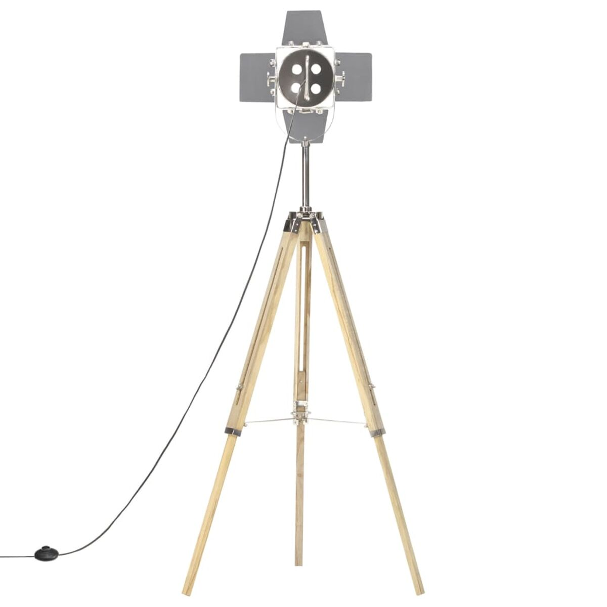 Stehlampe auf Holzstativ, mit grauem Licht und freiliegender Glühbirne.
