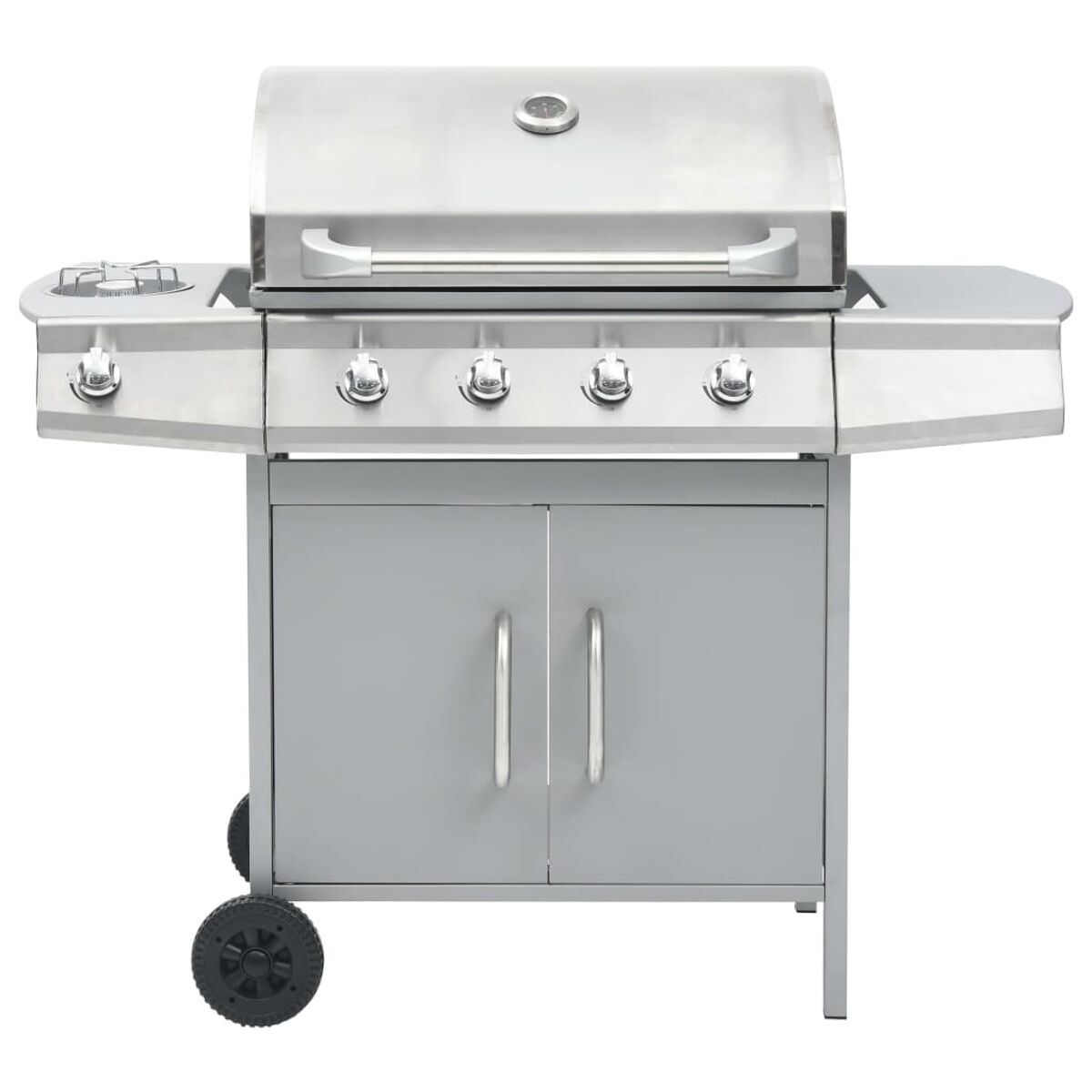Gasgrill aus Edelstahl mit vier Brennern, zwei Türen und zwei Seitenablagen.