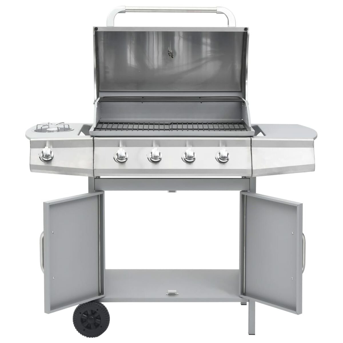 Edelstahlgrill mit offenem Deckel, zwei Türen und einem Seitenbrenner.