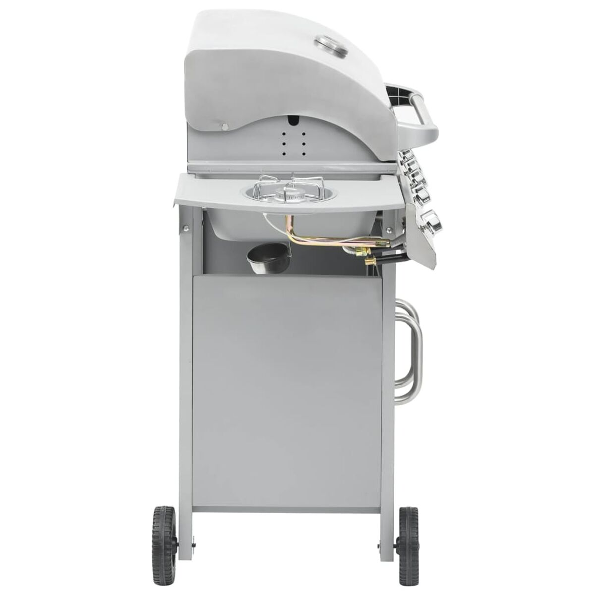 Ein grauer Gasgrill für den Außenbereich mit zwei Rädern auf der rechten Seite. Mit Seitenbrenner und Griff.