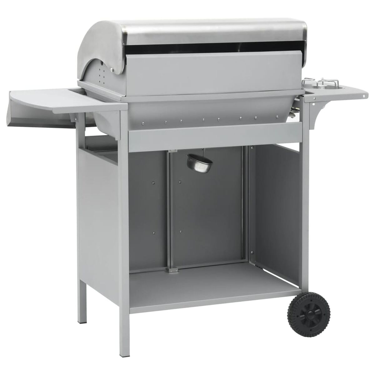 Grauer Metall-Außengrill mit silberner Oberseite und einem Beistelltisch. Hat ein Rad.