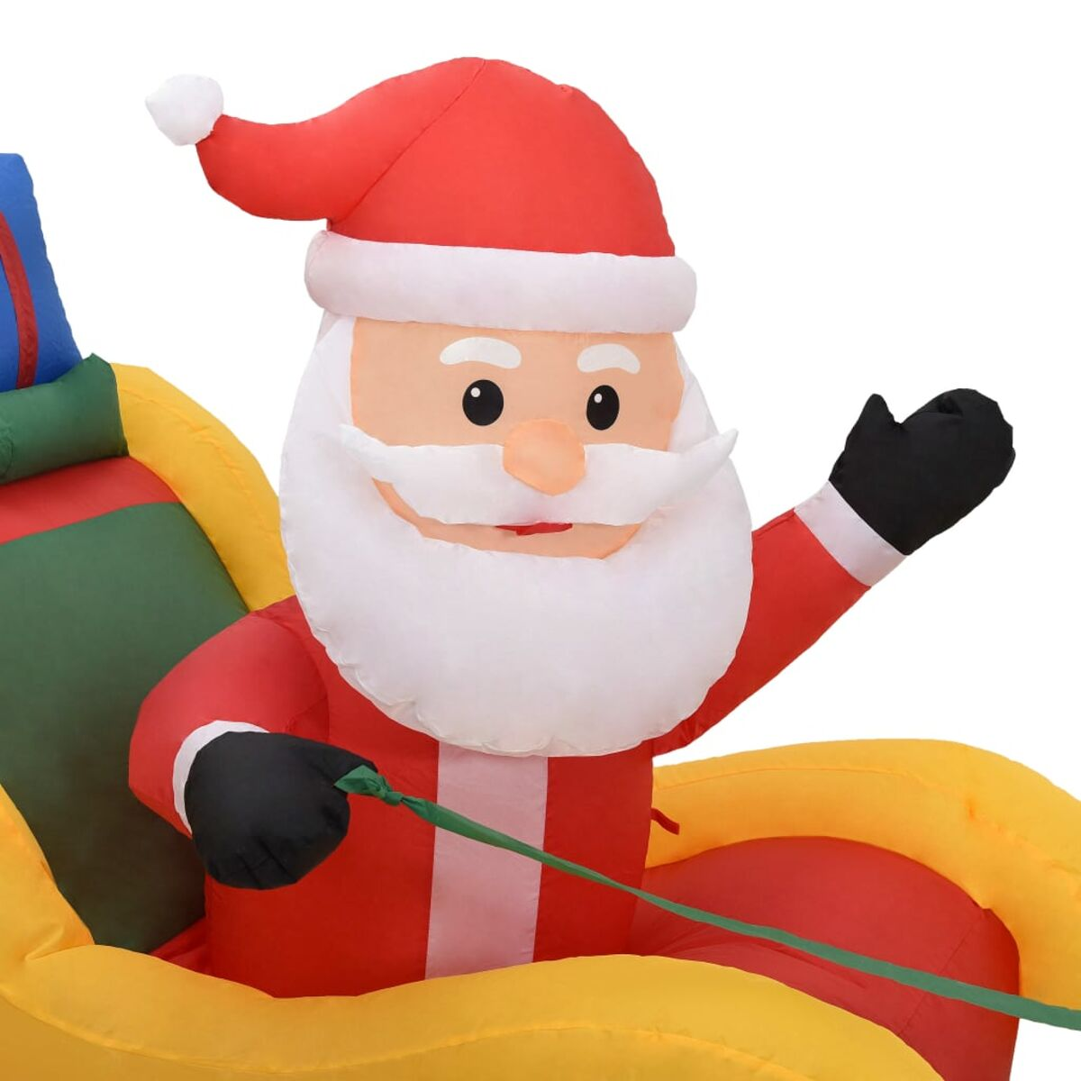 Aufblasbarer Weihnachtsmann in gelbem Schlitten, winkend. Roter Anzug, schwarze Handschuhe, Bart.