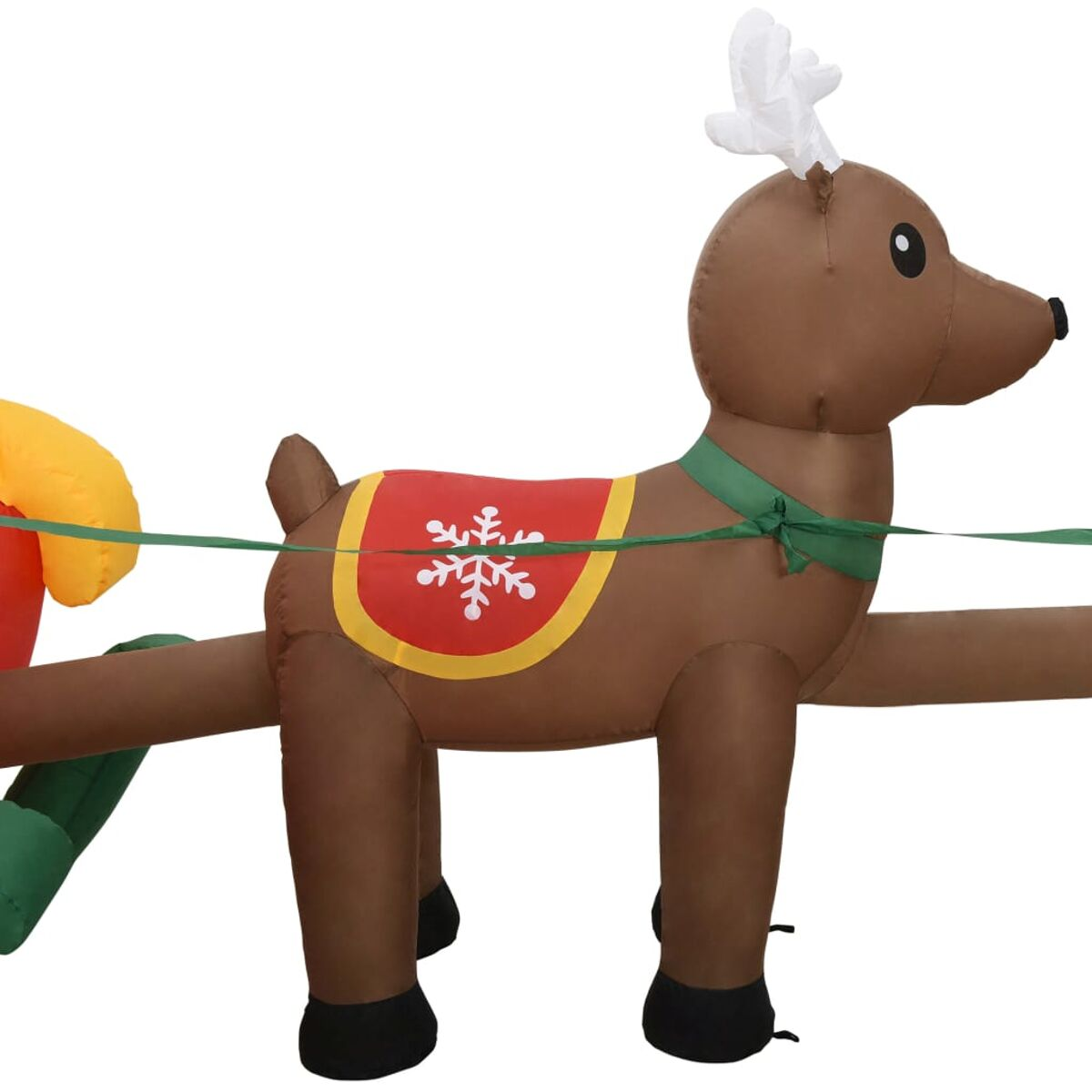 Aufblasbares Weihnachtsrentier mit rotem Sattel und grünem Schal.