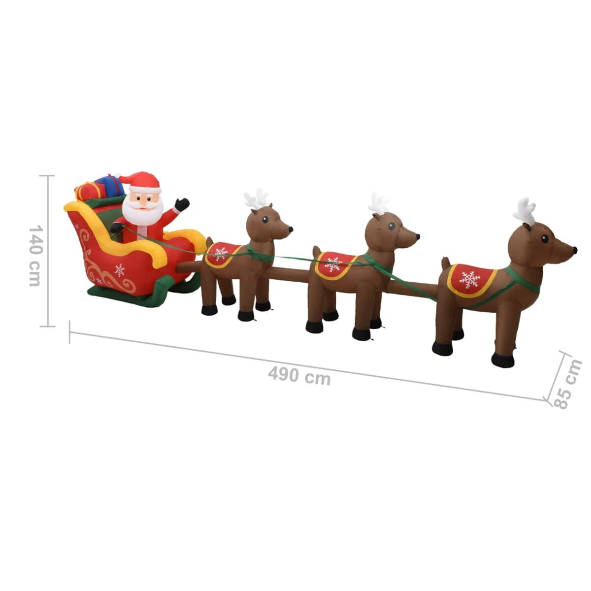 Aufblasbarer Weihnachtsmann in einem Schlitten, gezogen von drei Rentieren, mit Maßangaben.