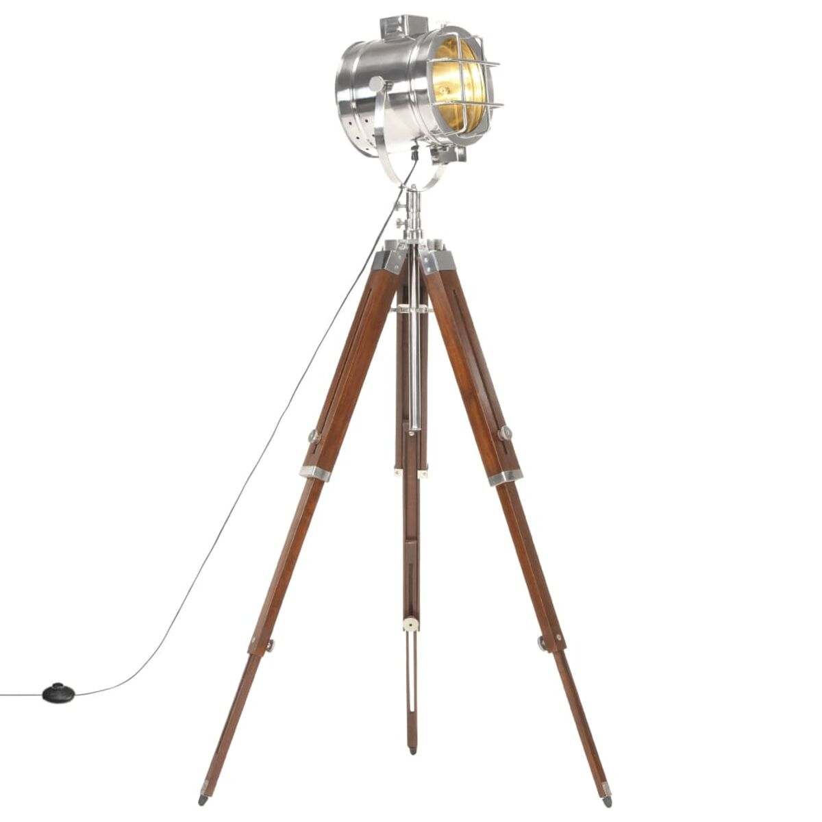 Silberne Stativ-Stehlampe mit Scheinwerfer, isoliert auf weißem Hintergrund.