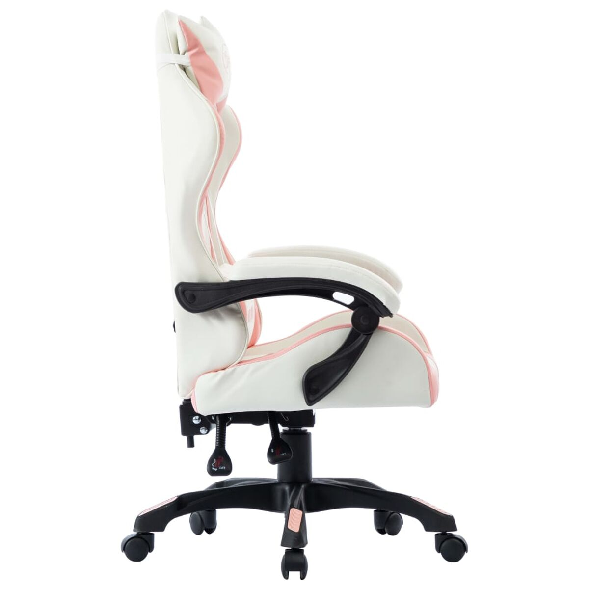 Seitenansicht eines weißen und rosa Gaming-Stuhls mit schwarzen Armlehnen und Gestell.
