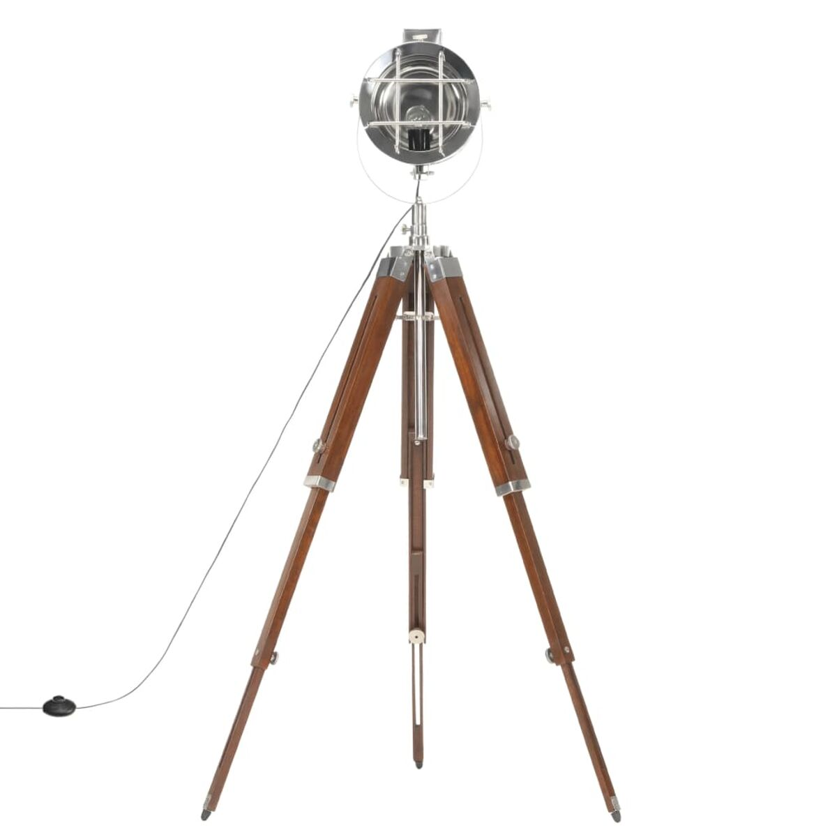 Eine Stehlampe mit Scheinwerfer auf einem dunklen Holzstativ, vor weißem Hintergrund.