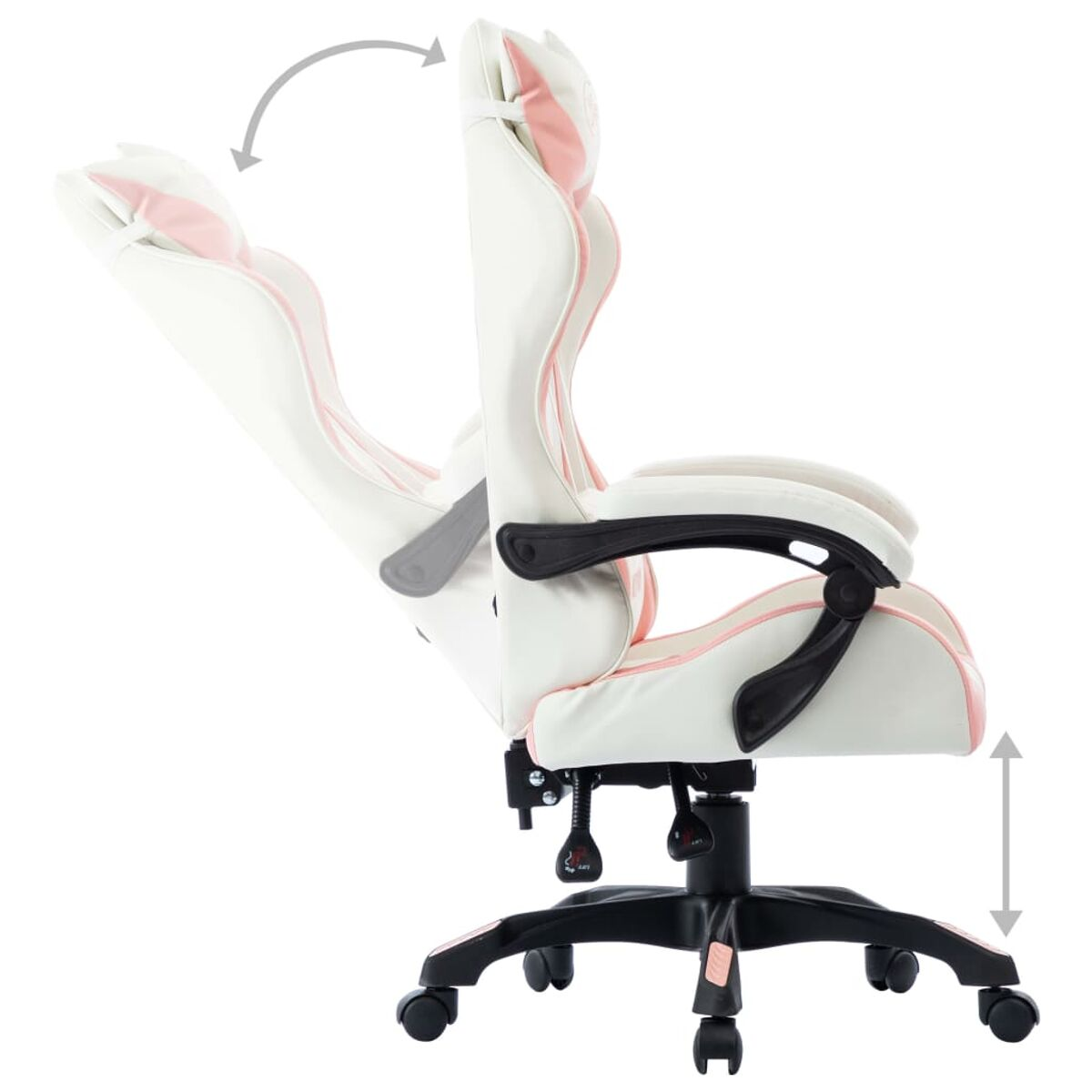 Gaming-Stuhl in Weiß und Rosa, mit Neigungs- und Höhenverstellpfeilen.