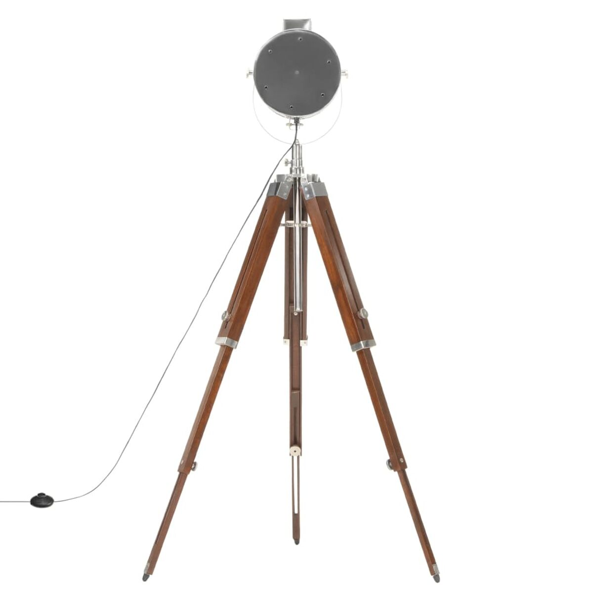 Ein Vintage-Scheinwerfer auf einem Stativ. Die Beine sind aus Holz und das Licht ist silberfarben.