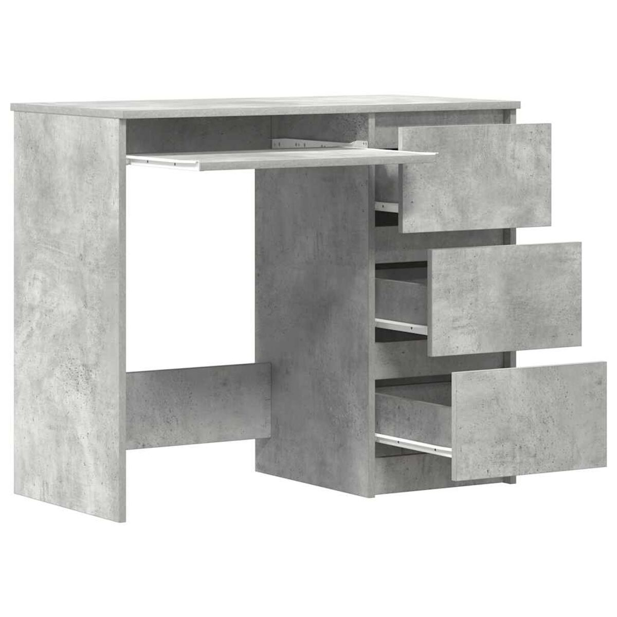 Schreibtisch im Beton-Stil mit Schubladen, einer Tastaturablage und einer offenen Schublade.