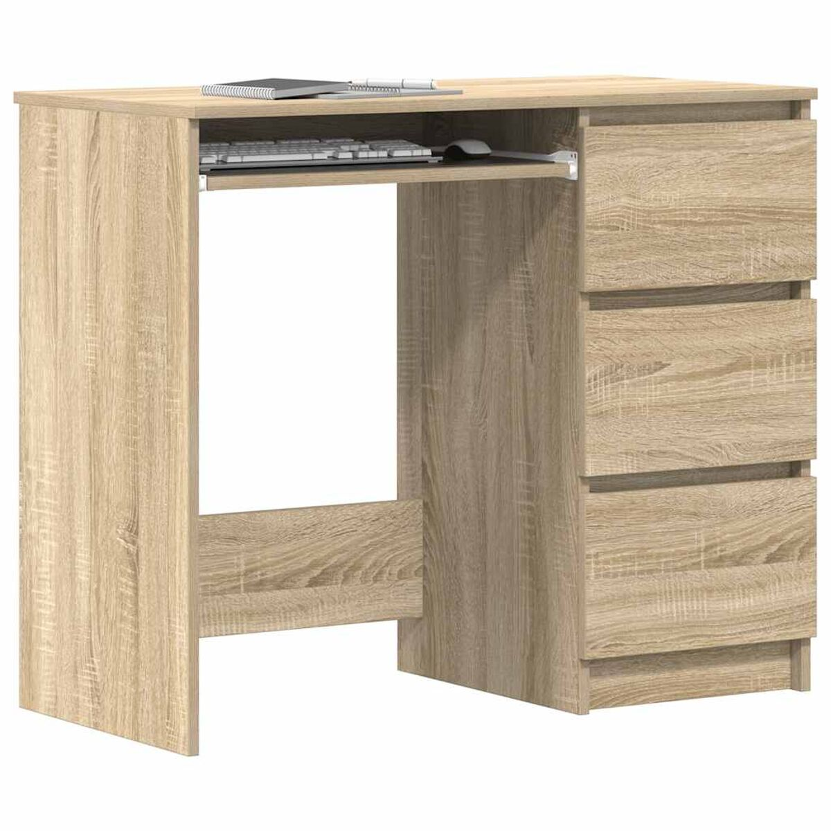 Holzschreibtisch mit Tastaturauszug und Schubladen.