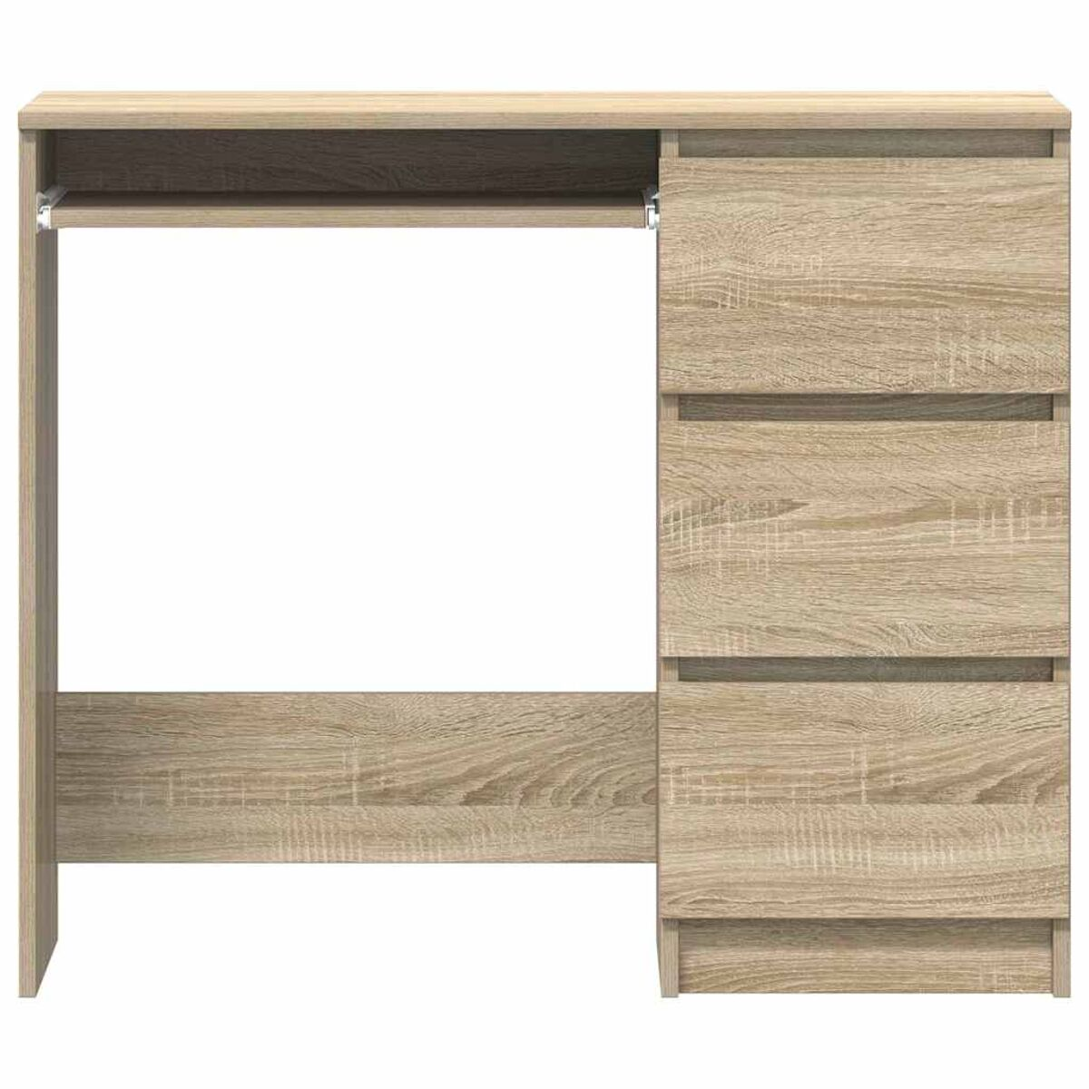 Holzschreibtisch mit Schubladen und einer Tastaturablage. Der Schreibtisch hat eine hellbraune Holzmaserung.