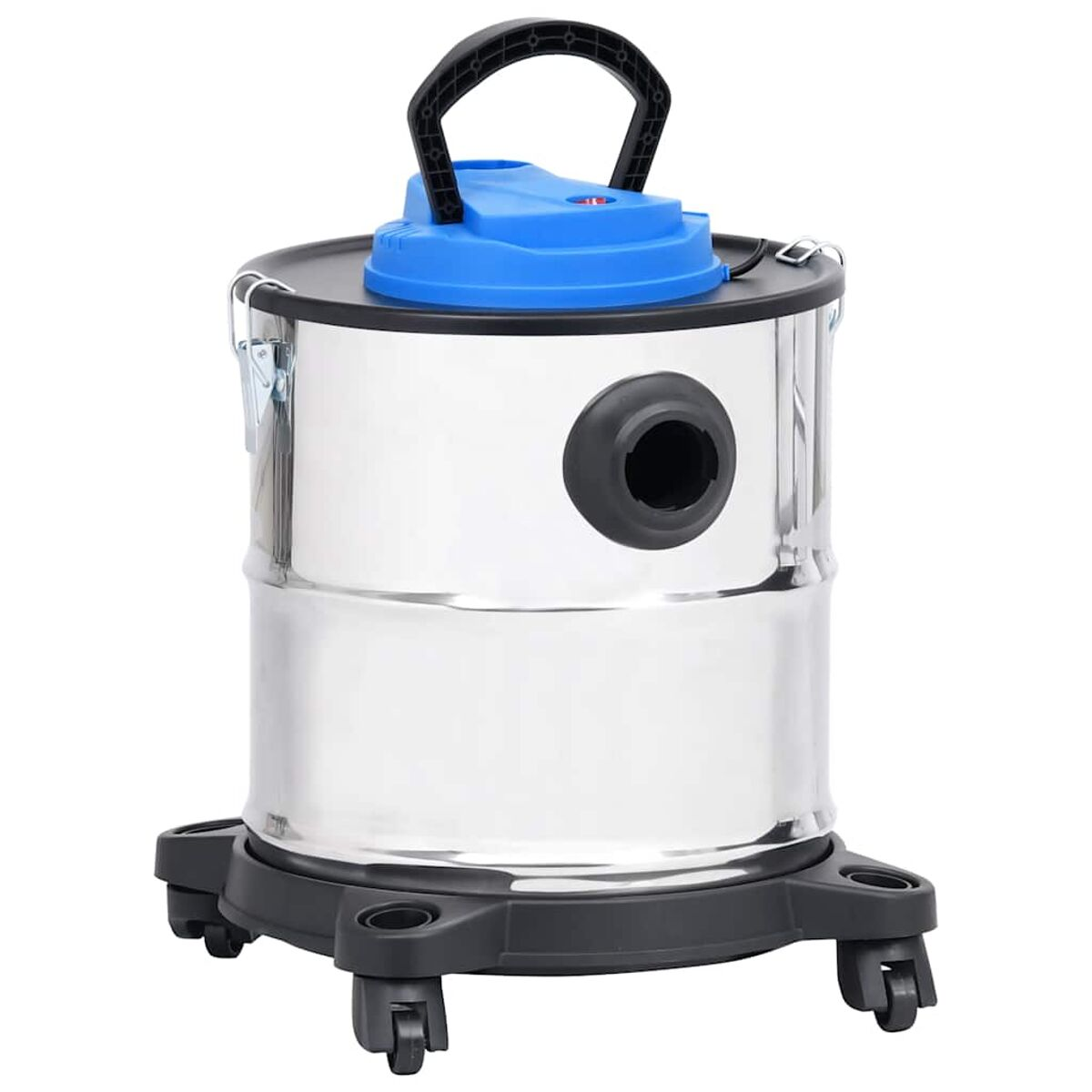 Aspirapolvere argentato metallizzato con coperchio nero, maniglia blu e ruote.