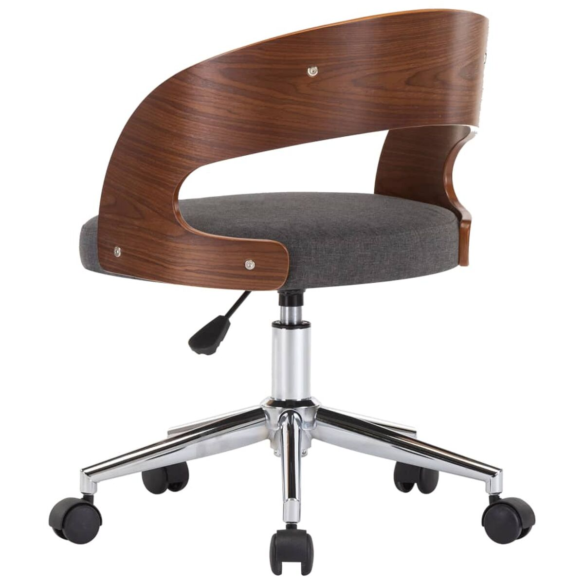 Ein moderner Bürostuhl mit grauem Sitz, dunkler Holzlehne und Chromgestell mit Rollen.