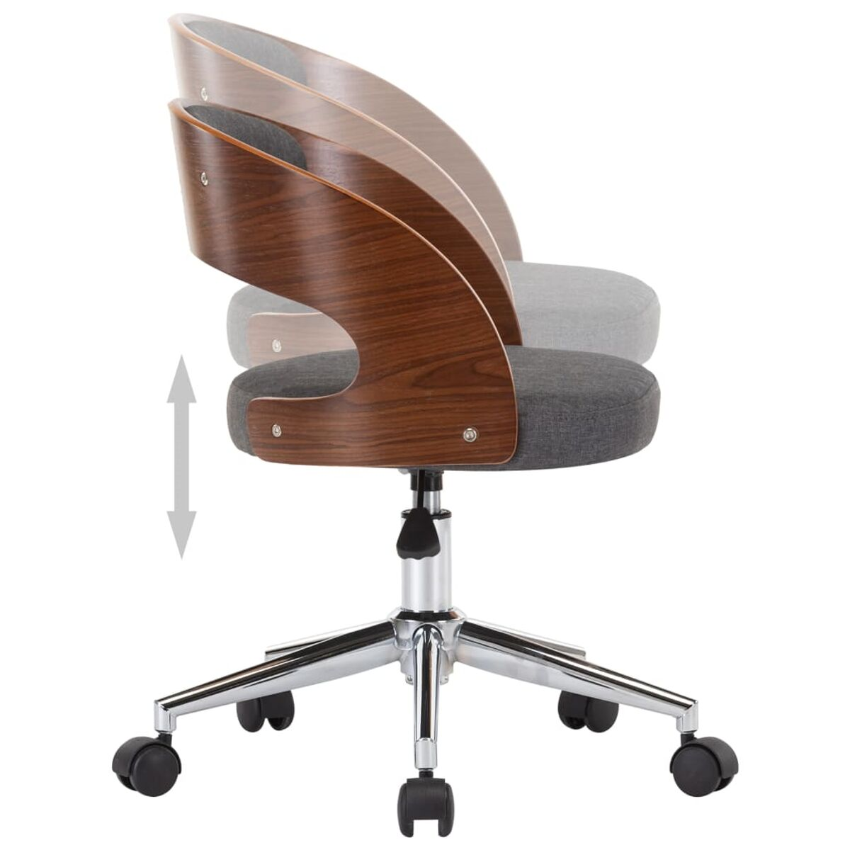 Bürostuhl aus Holz und Grau mit geschwungener Rückenlehne, höhenverstellbar, und Chromfuß.