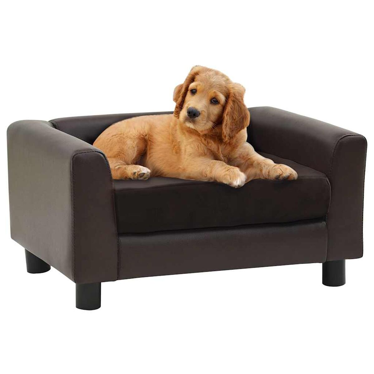 Braunes Hundebett mit einem Golden Retriever Welpen.