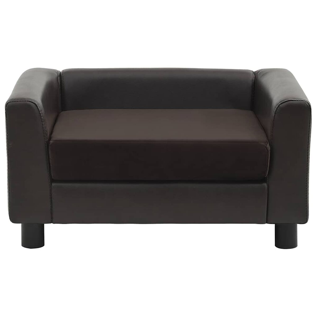 Ein braunes Hundesofa aus Leder mit dunkelbraunem Kissen und kurzen schwarzen Beinen.