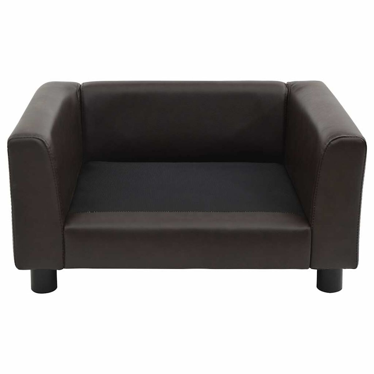 Kleines, dunkelbraunes Hundesofa mit schwarzem Stoffboden und schwarzen Füßen.