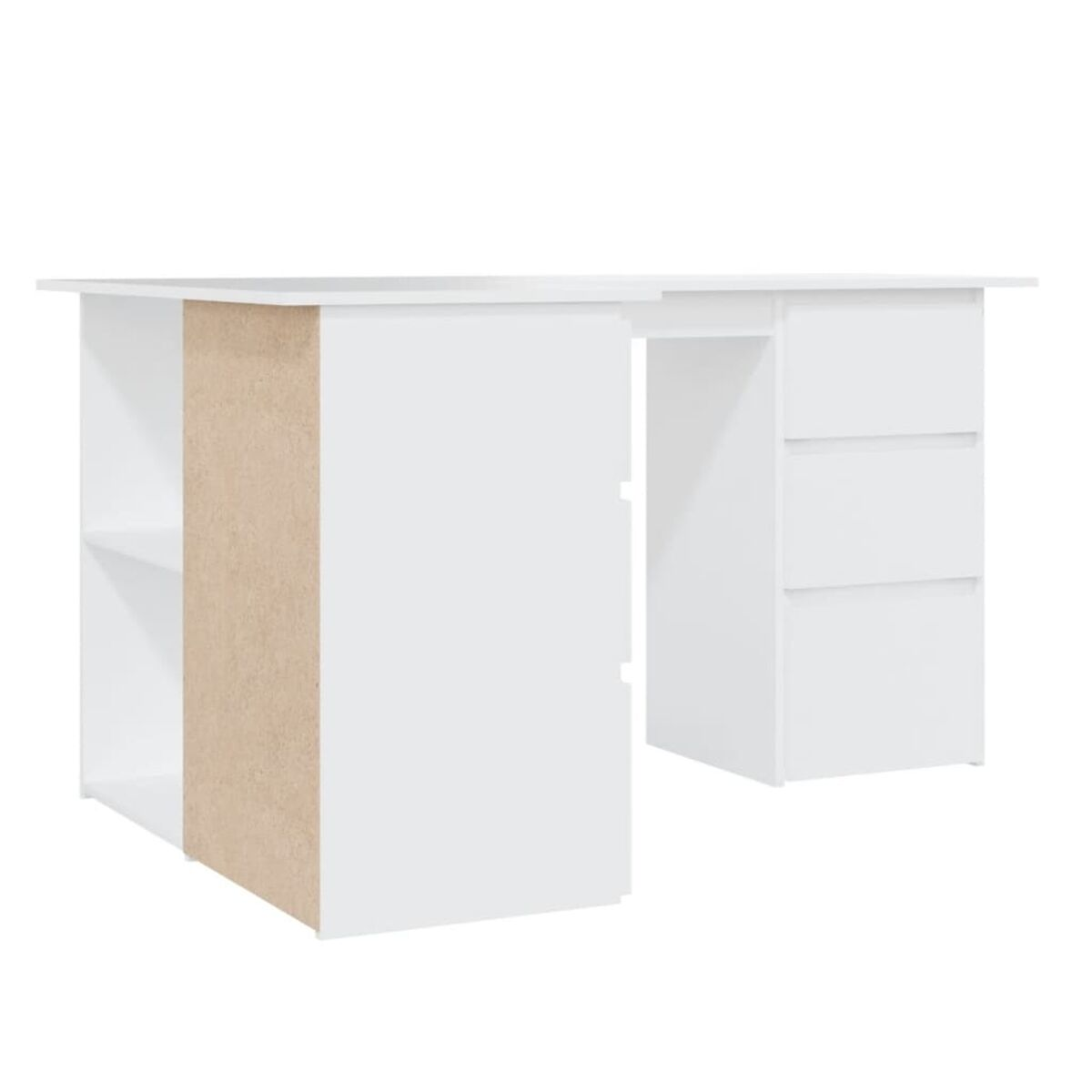 Weißer Schreibtisch mit Ablagen und Schubladen, Holzseitenwand sichtbar.