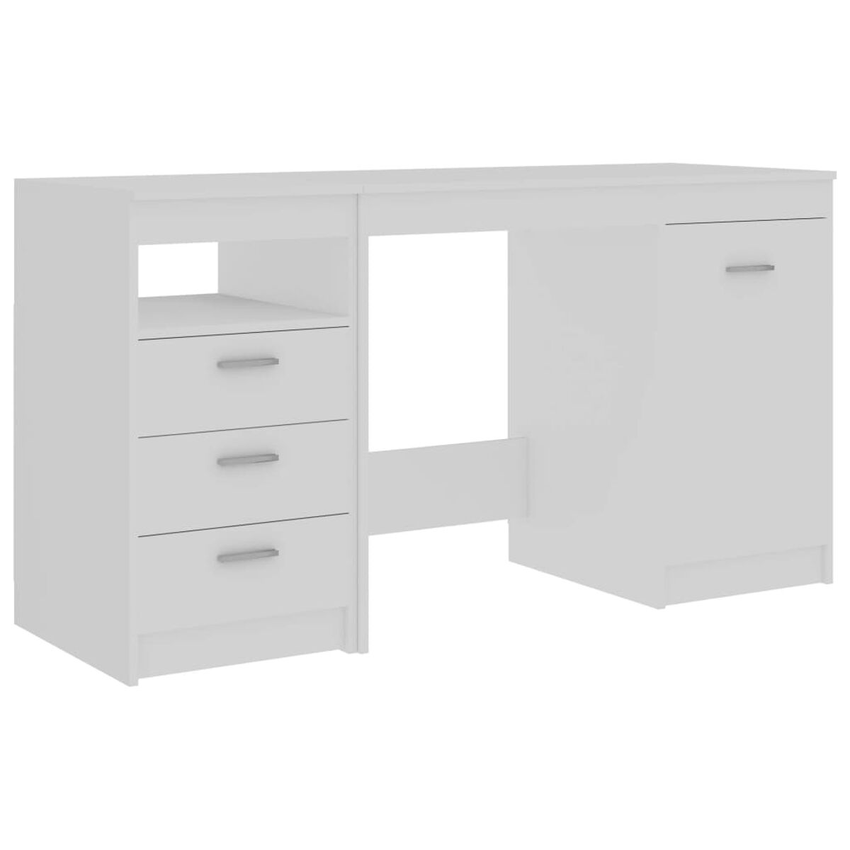 Weißer Schreibtisch mit Schubladen, einem Regal und einem Schrank vor weißem Hintergrund.