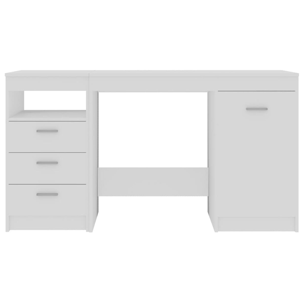 Weißer Schreibtisch mit Schubladen und einem Schrank. Auf weißem Hintergrund.