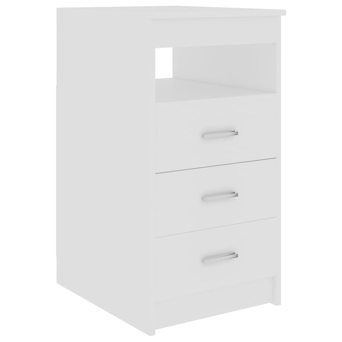Ein weißer Schrank mit oberem Regal und zwei Schubladen. Silberne Griffe sind sichtbar.