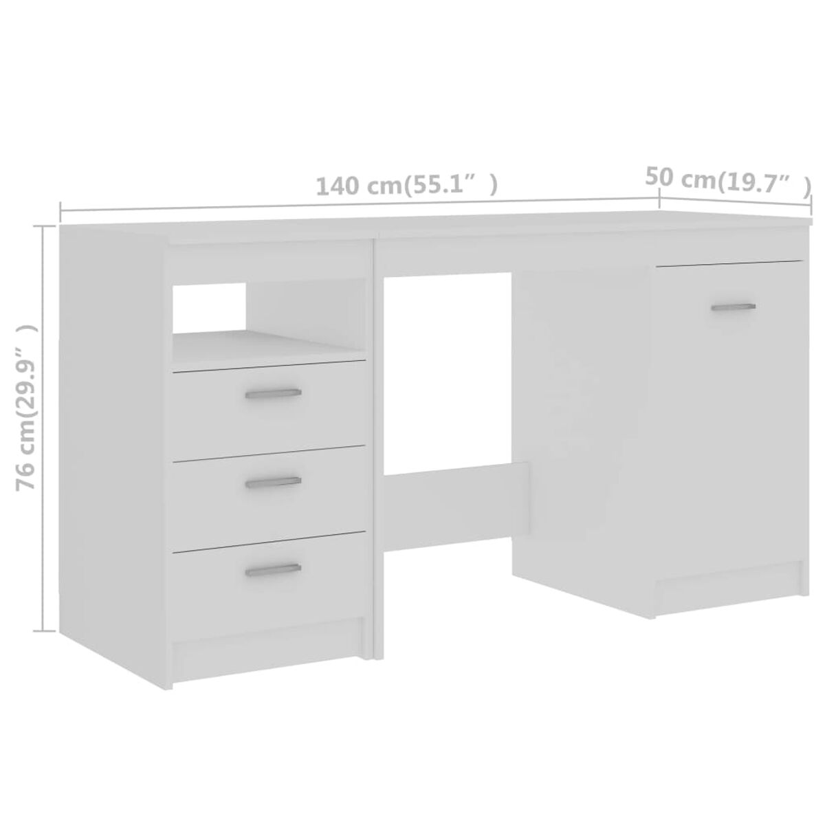 Weißer Schreibtisch mit Schubladen auf einer Seite und einem Schrank auf der anderen Seite. Maße in cm.