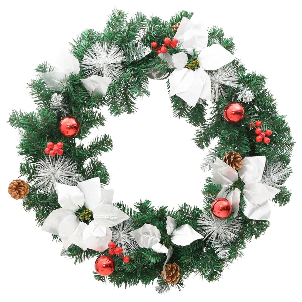 Ein Weihnachtskranz mit grünem Laub, roten Beeren, weißen Blumen und Tannenzapfen.