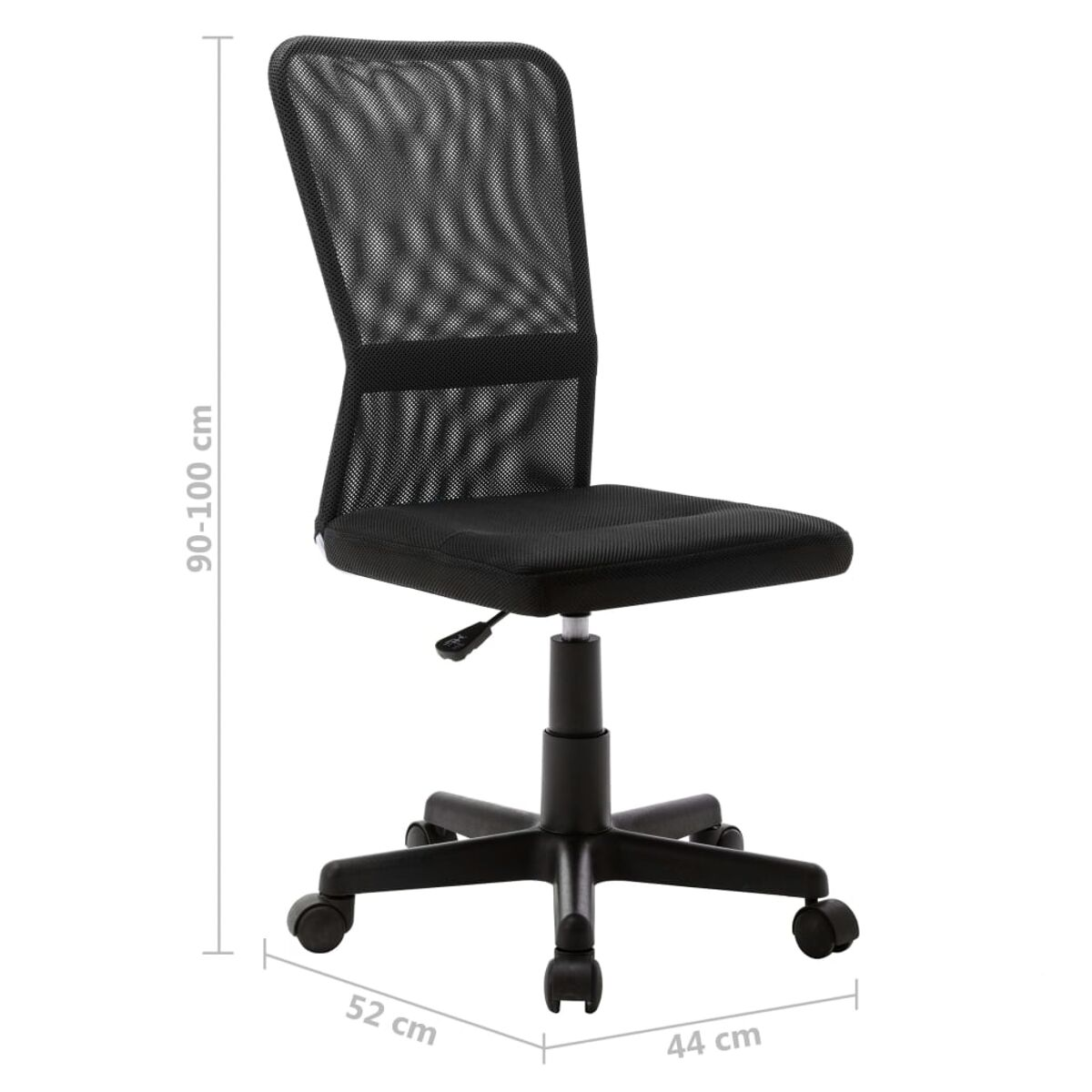 Schwarzer Netz-Bürostuhl mit den Maßen 52 cm x 44 cm, Höhe 90-100 cm.