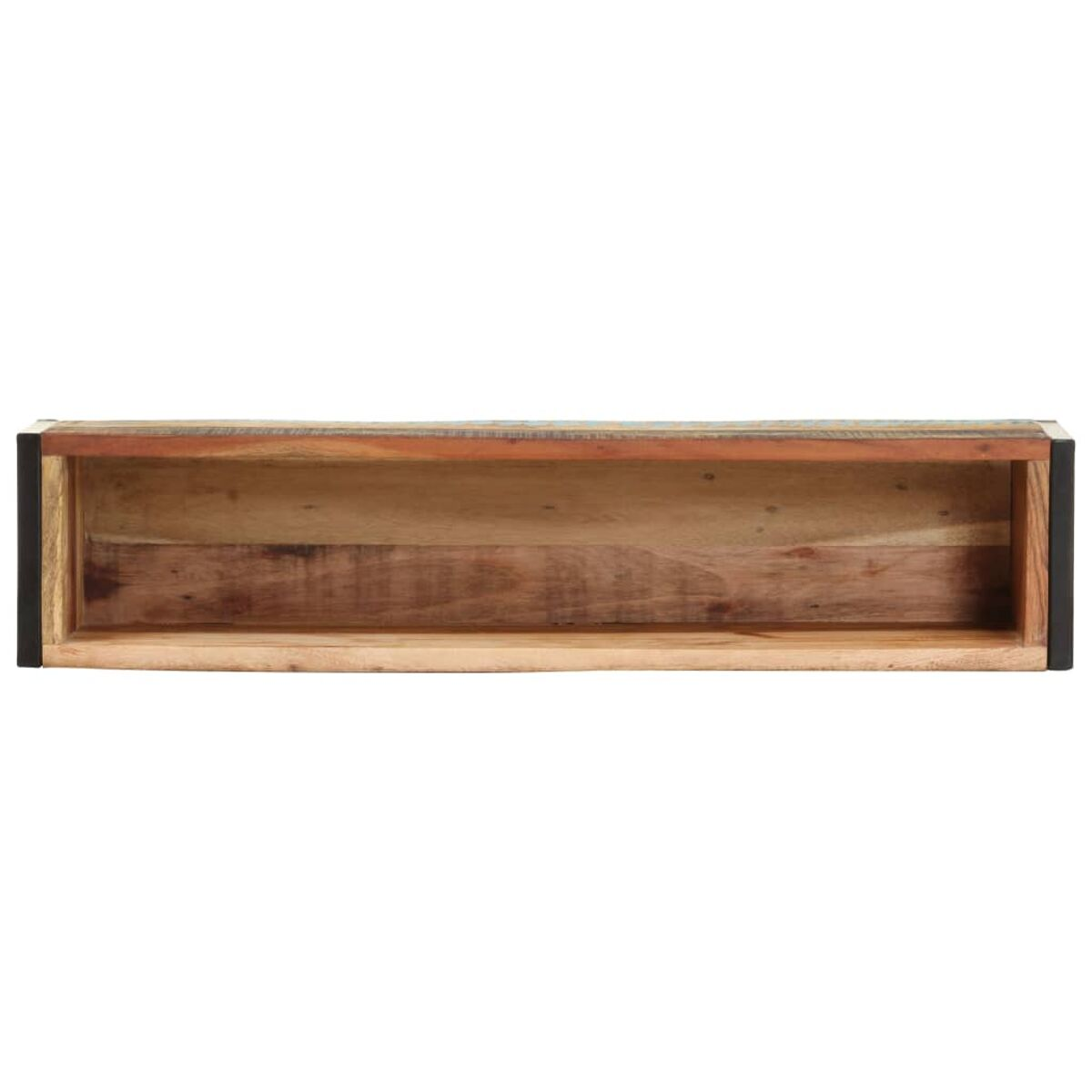 Rechteckiges Holzregal. Dunkle Kanten, helle Holzinnenseite. Draufsicht.