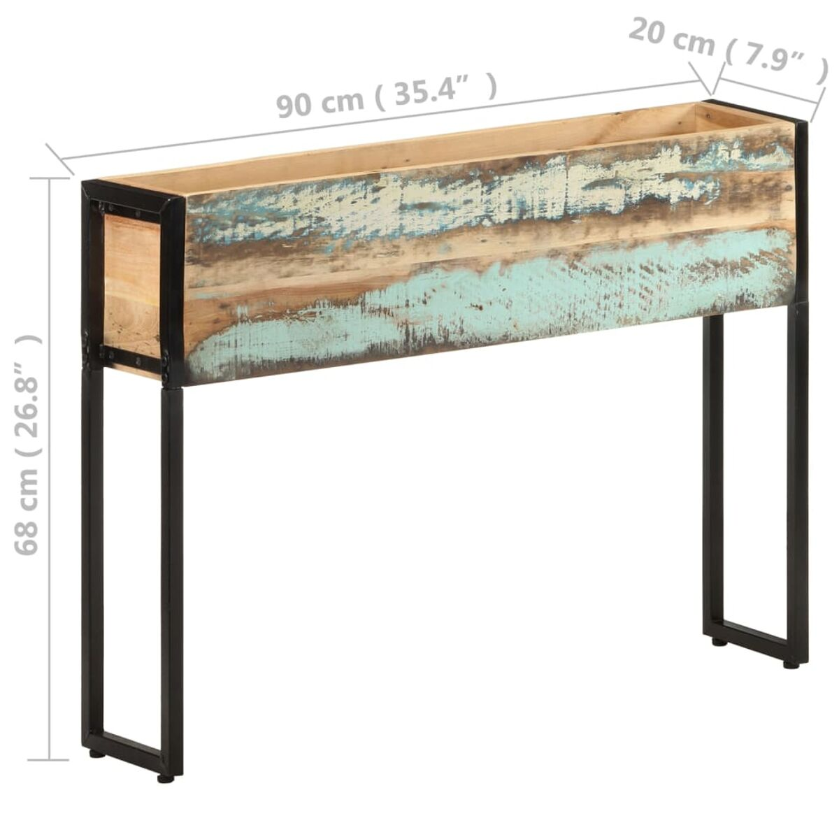 Holzpflanzkasten mit Metallrahmen, zeigt Abmessungen und abgenutztes Holz.