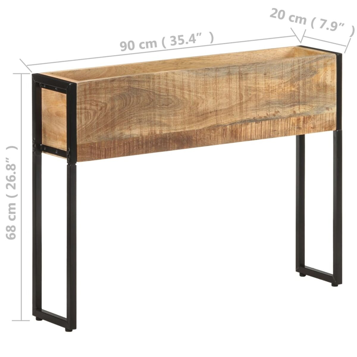 Holzpflanzkasten mit Maßen, mit schwarzen Metallbeinen.