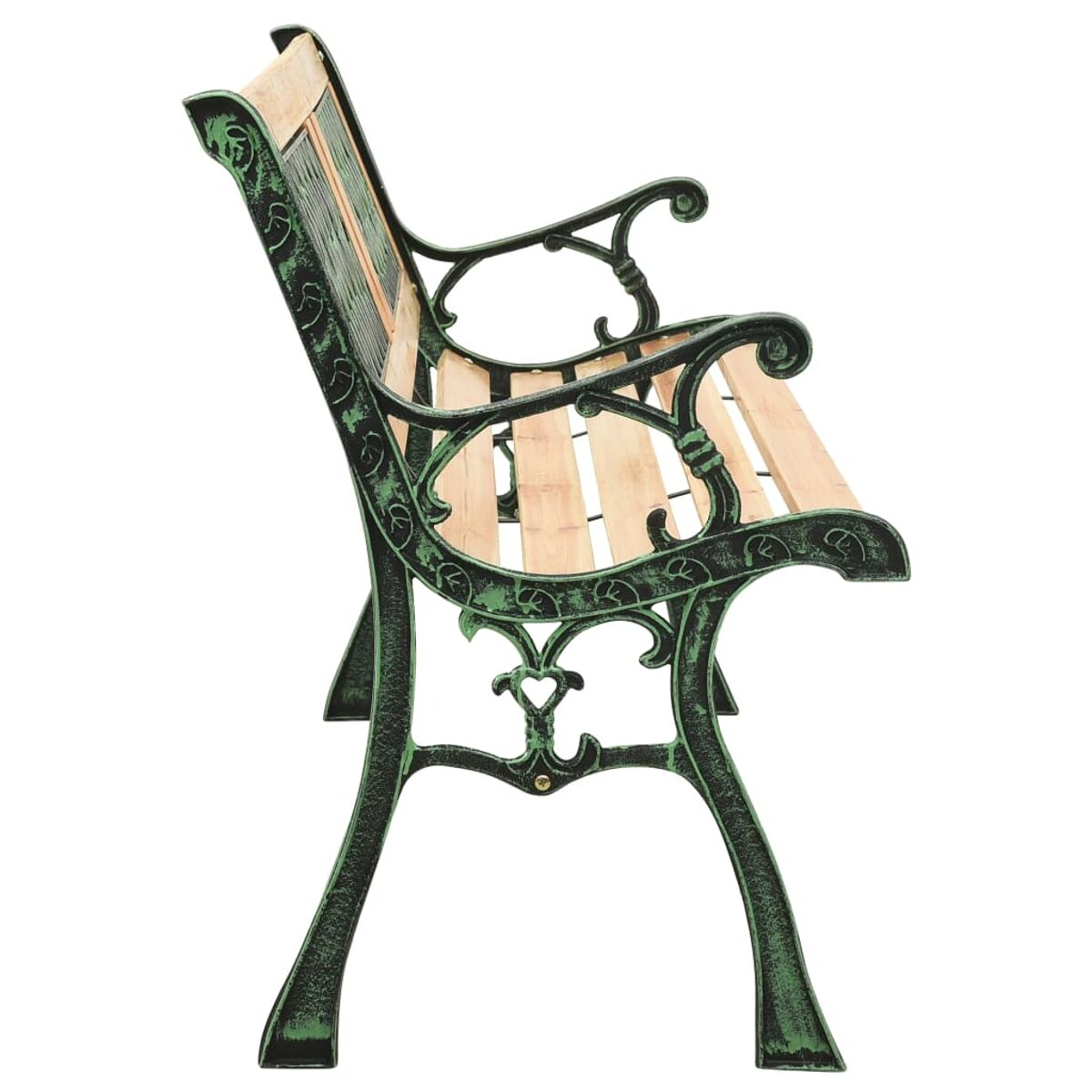 Grün-schwarze Gartenbank mit Holzlatten, Metallrahmen und dekorativem Design.