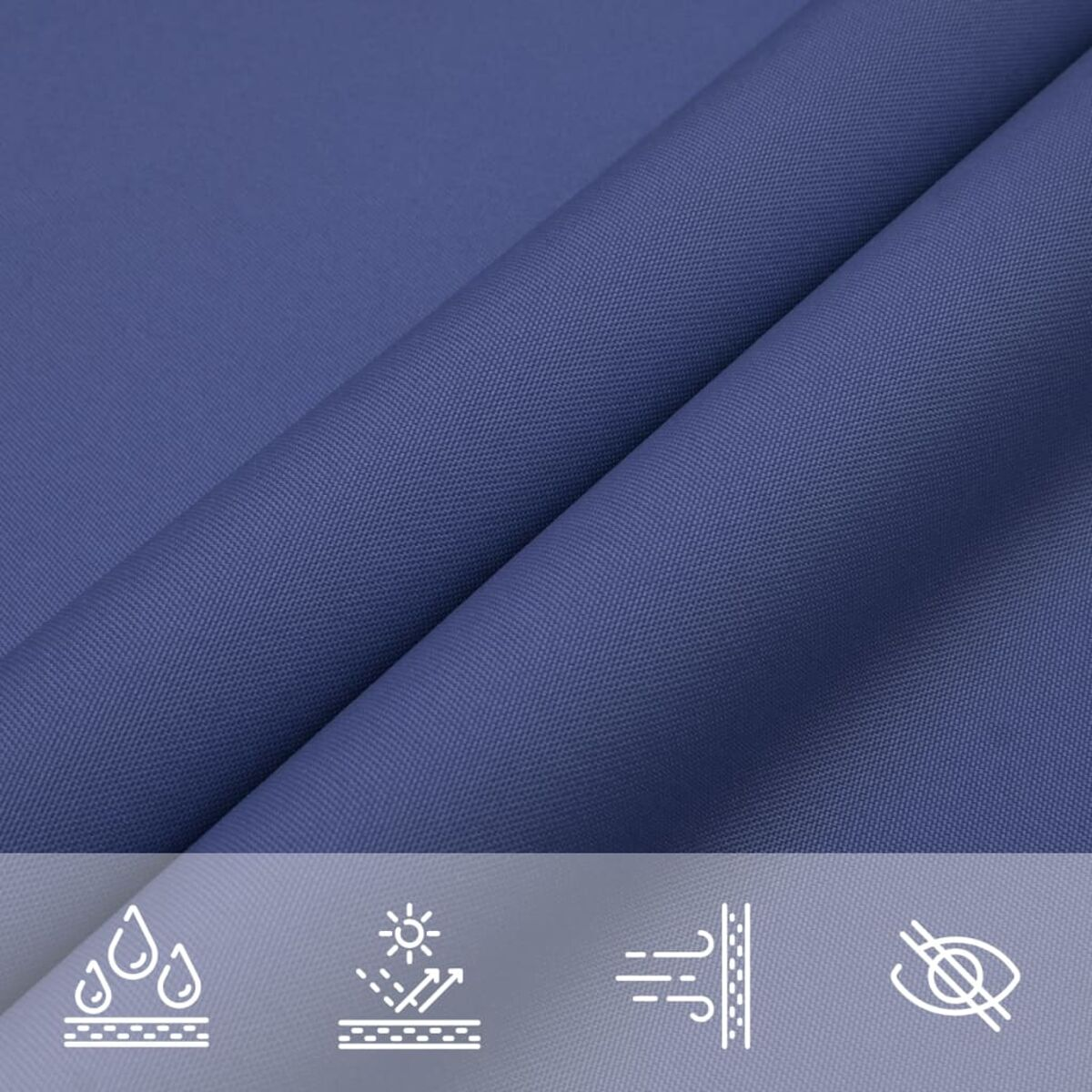 Blauer Stoff mit Symbolen für Wasserfestigkeit, UV-Schutz, Atmungsaktivität und Augenschutz.